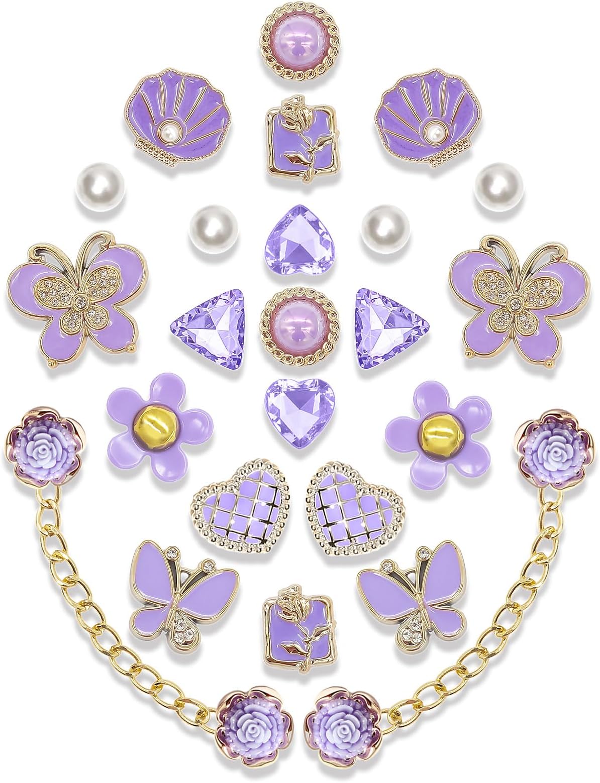 24pcs Plastic Bling Shoe Charms Set –Pearl, Butterfly, Flower & Chain Decorations for Clogs & Sandals – Cute Accessories for Women & Girls Gift