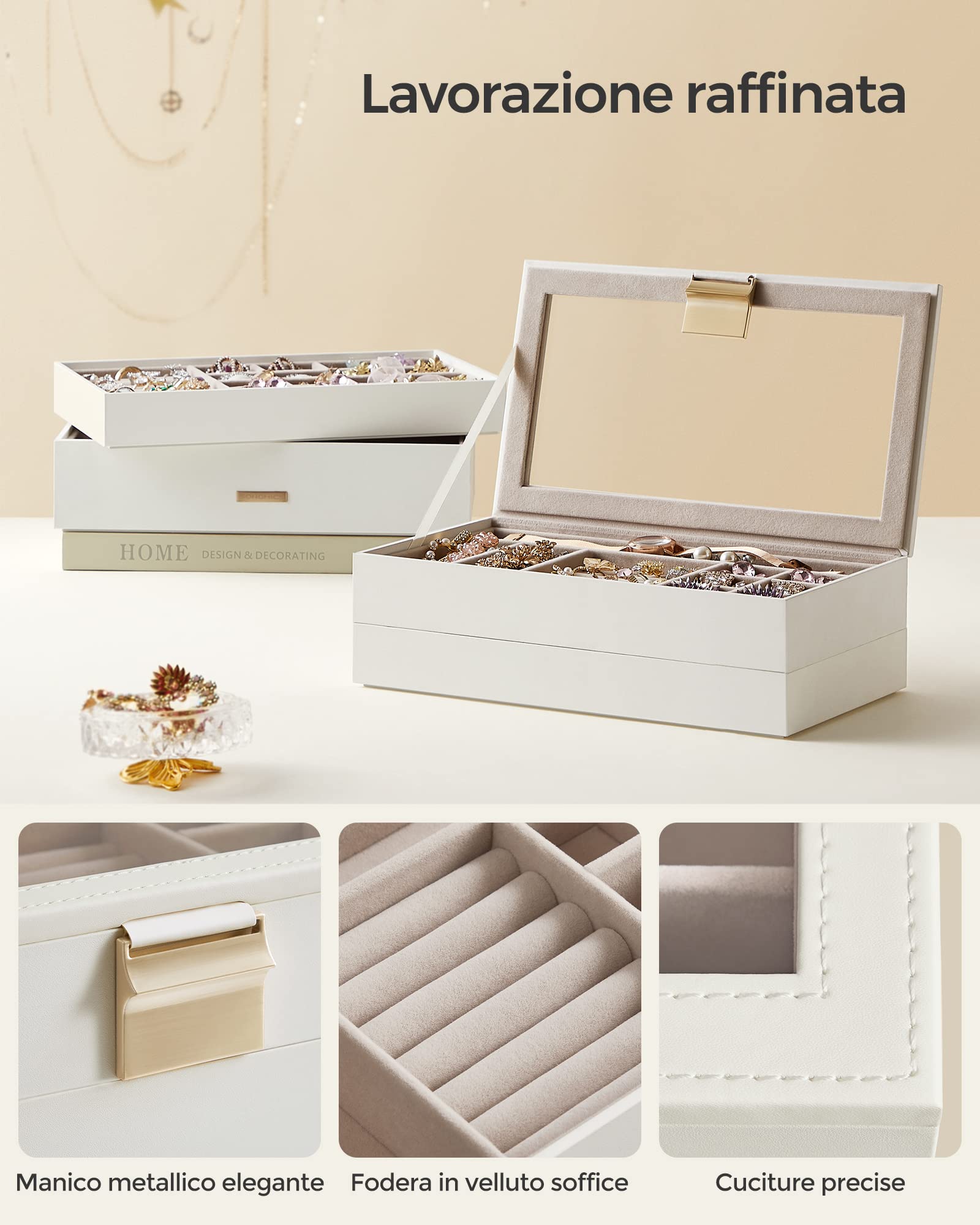 SONGMICS GISELLA Collezione - Scatola Portagioie con 4 Vassoi Impilabili, Porta Gioielli Capiente, Coperchio in Vetro, per Toeletta, Idea Regalo, Bianco Nuvola, 17 x 28 x 18,3 cm JBC164W01
