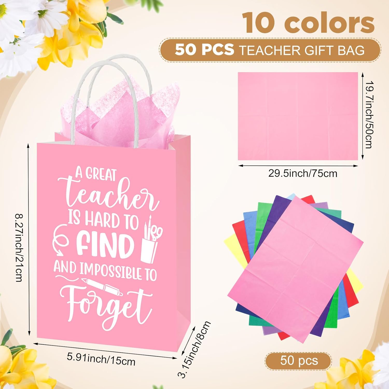 Skyygemm 50 Pack Teacher Appreciation Gift Bags with Tissue Paper Thank You Teacher Gift Bags with Handle for End of Year Appreciation Day Retirement Graduation Party Favors,Assorted 10 Color