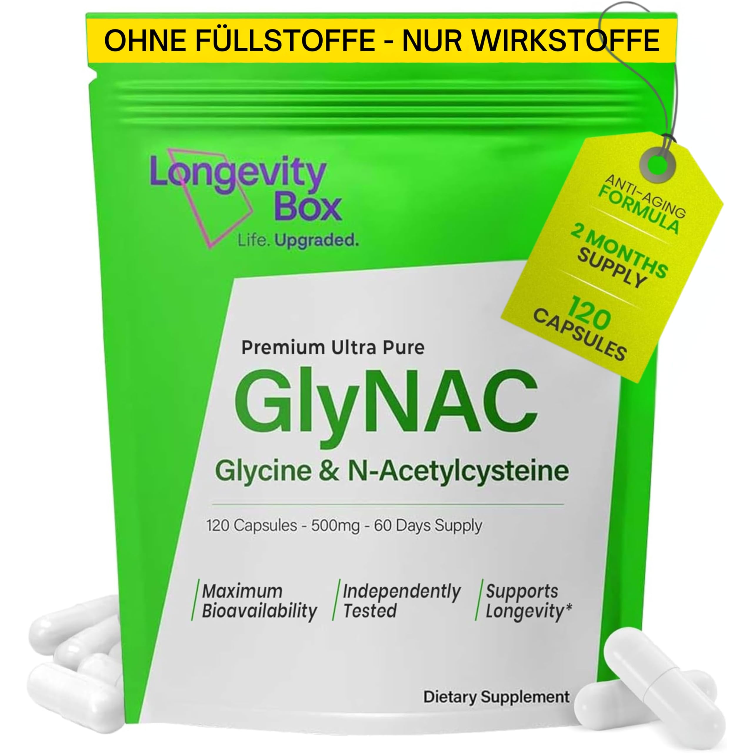 GlyNAC 1000 mg – 500 mg Glycin + 500 mg NAC – 120 vegane Kapseln für Glutathion, Energie & gesundes Altern