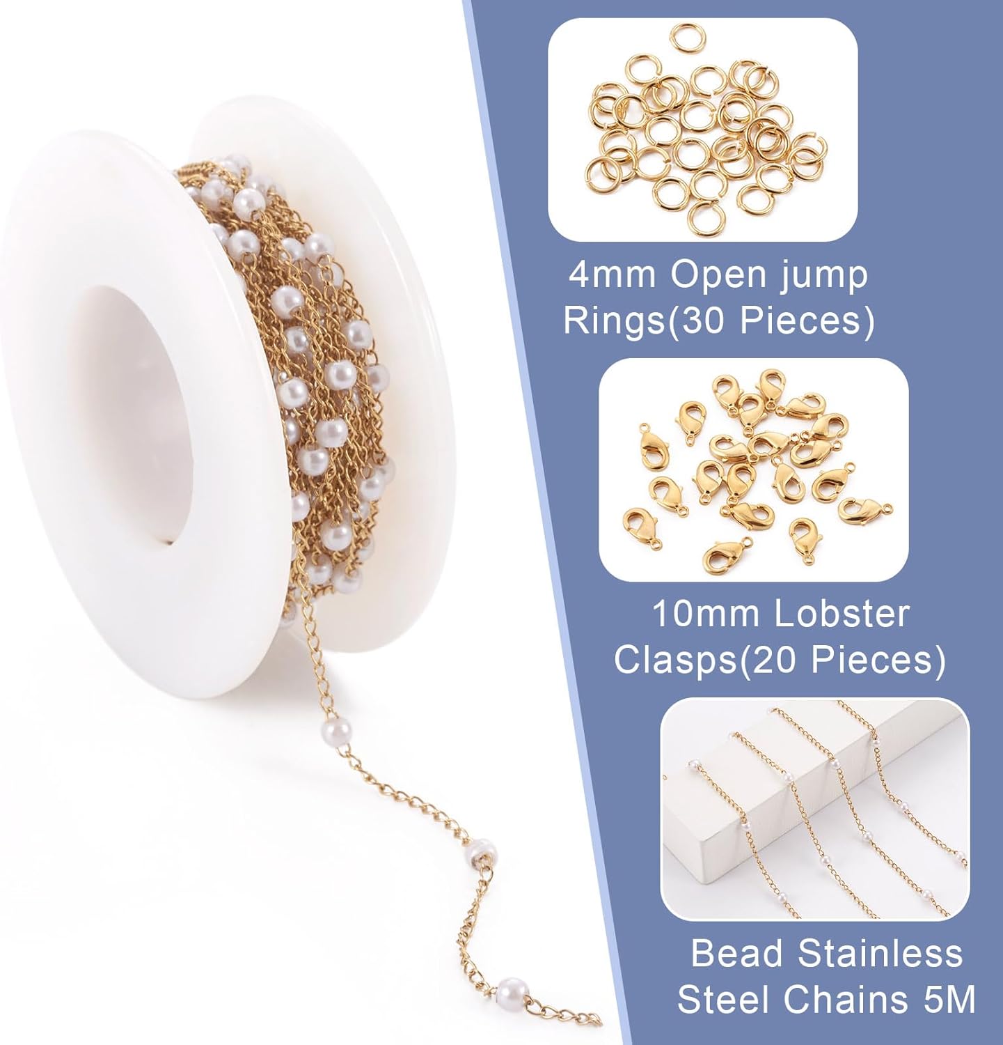 Pandahall 14K Gold Plated Stainless Steel Chains 16.4 Feet Pearl Beaded Necklace Chains for Jewelry Making & Golden Lobster Claw Clasps Open Jump Ring for Men Women DIY Jewelry Making Bracelet - Image 5