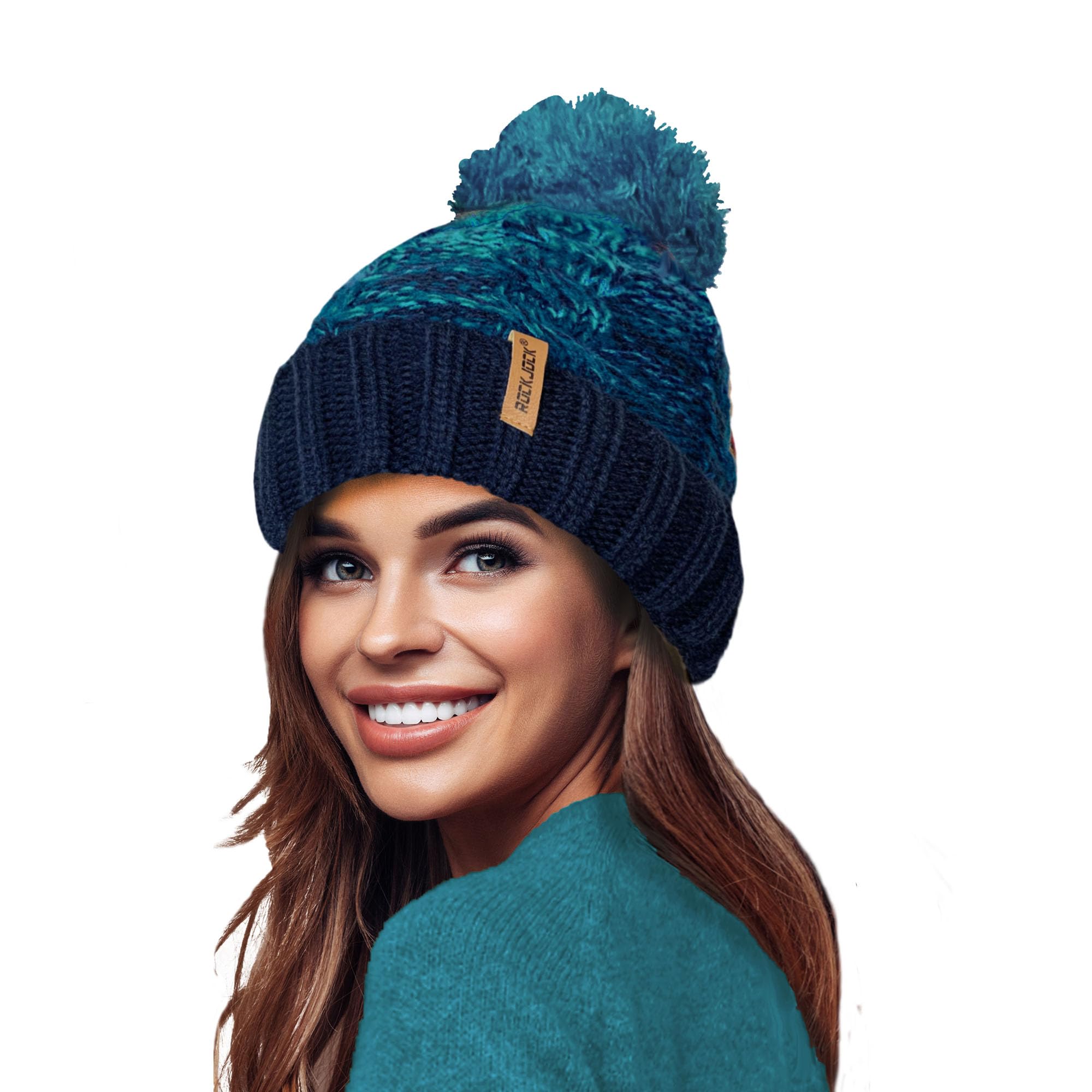 Rockjock Women's Navy/Teal Stormactive 100% Waterproof Unisex Chunky Ombre Warm Winter Teddy Fleece Lined Knitted Pompom Beanie Hat