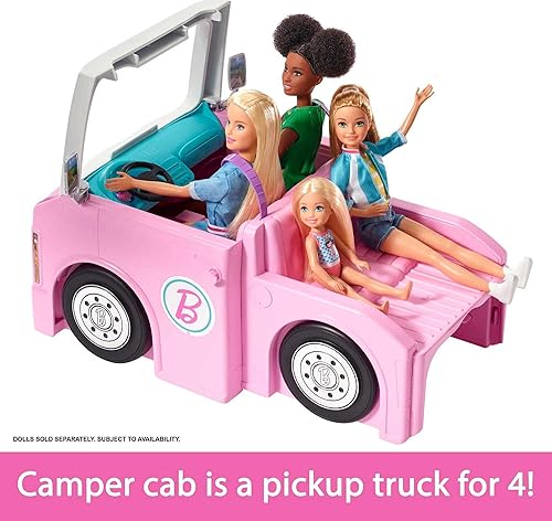Miniatura 3 de Barbie Camper DreamCamper - Juego de juguete 3 en 1 para transformar Camper con piscina camión y barco 60 accesorios Barbie para niños juguetes y
