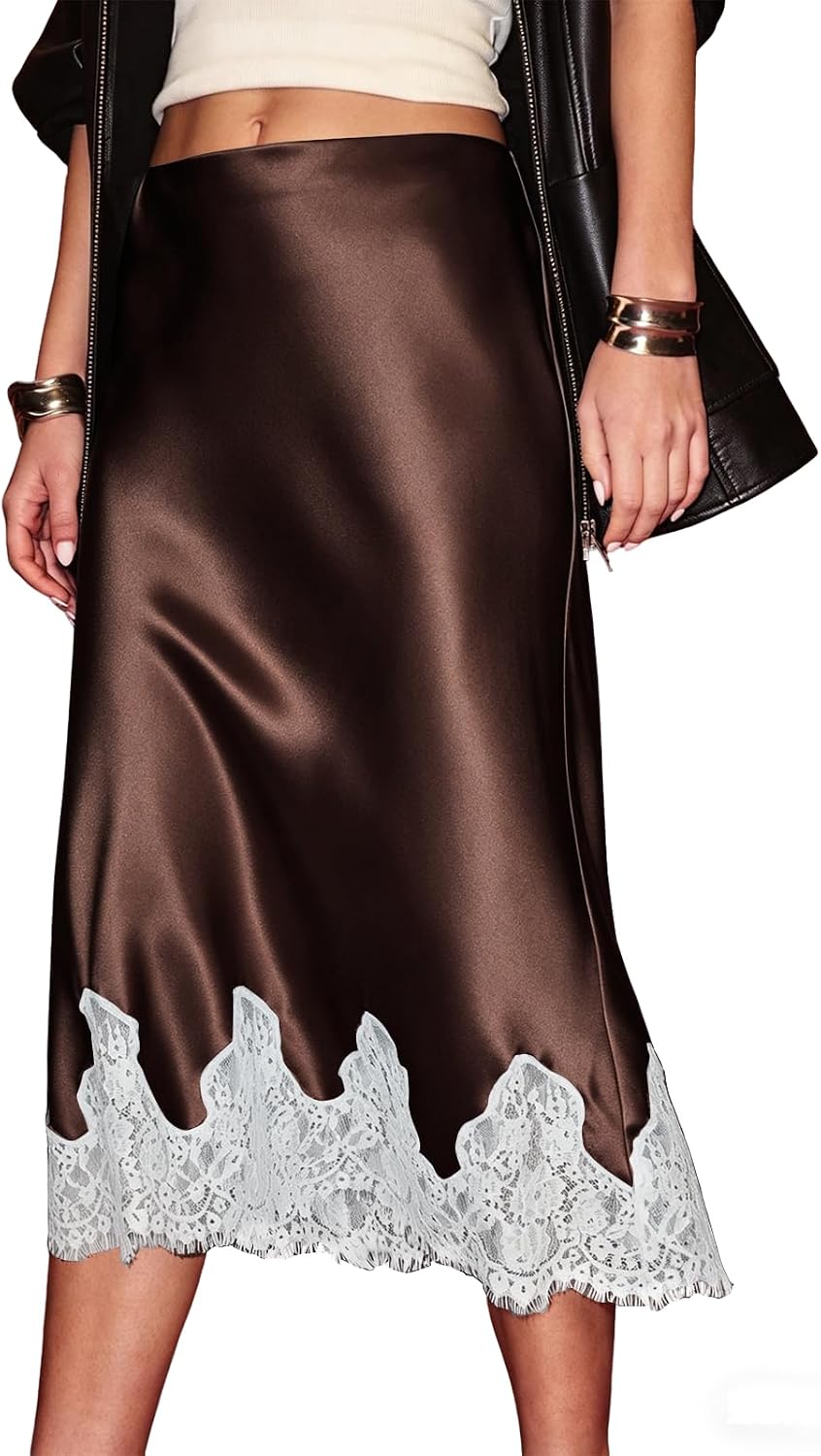 HOUZONIY 2026 Womens Satin Skirts High Elastic Waist Silk Summer Lace Hem Patchwork Flowy Vintage Party A Line Skirt