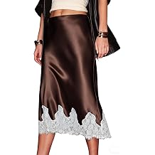 HOUZONIY 2026 Womens Satin Skirts High Elastic Waist Silk Summer Lace Hem Patchwork Flowy Vintage Party A Line Skirt