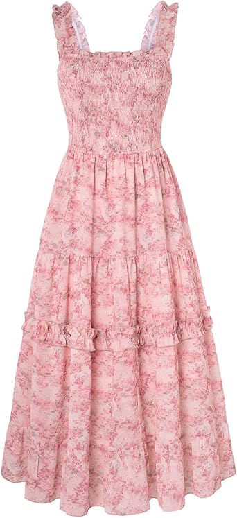 Scarlet Darkness Floral Dress for Women 2026 Summer Dress Flowy Sundress | Smocked, Square Neck, Tiered, Sleeveless, Boho, for Easter, Beach, Vacation, Graduation, Casual