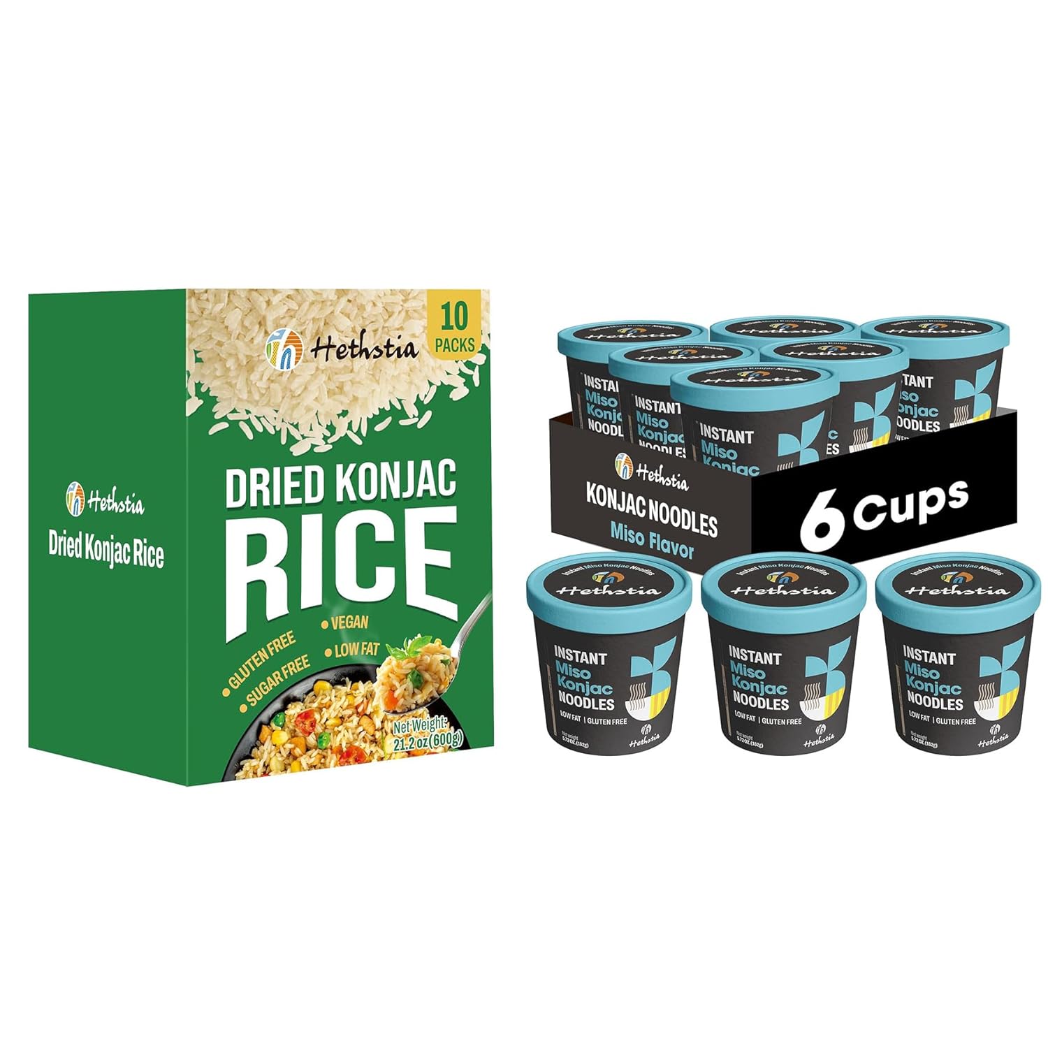 Hethstia Konjac Miso Noodle Soup Cups y Dried Shirataki Rice - Pack de 16 unidades