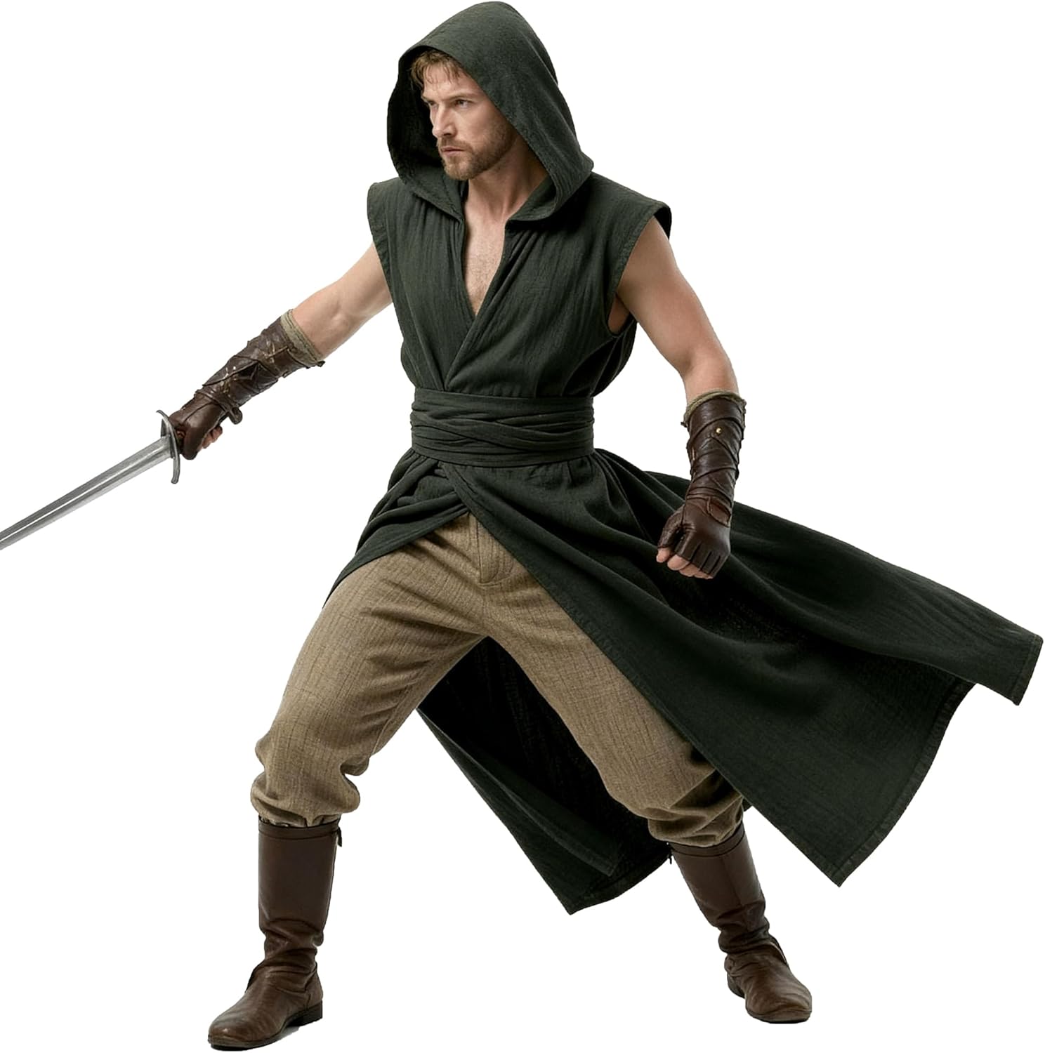 Medieval Hooded Sleeveless Tunic Tabard Renaissance Viking Vest Surcoat Outfit for Halloween LARP Ren Faire Costume