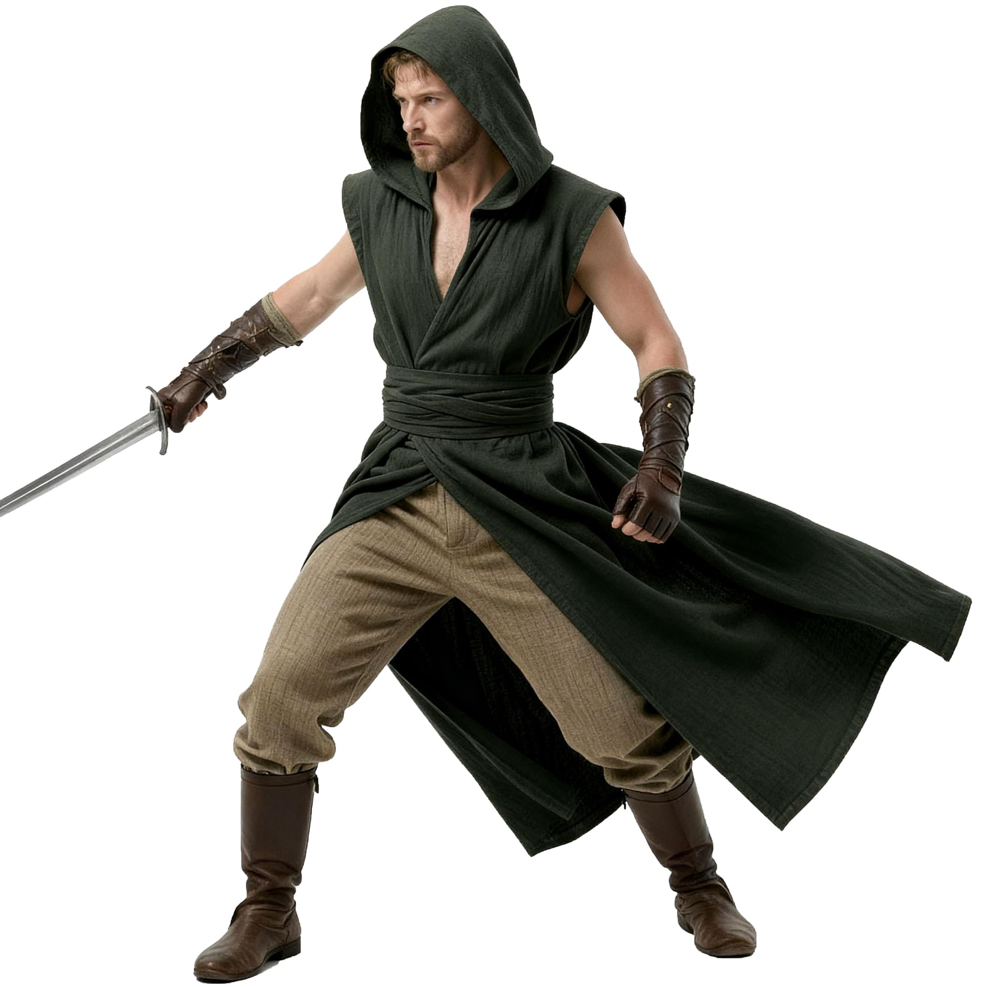 Medieval Hooded Sleeveless Tunic Tabard Renaissance Viking Vest Surcoat Outfit for Halloween LARP Ren Faire Cosplay Costume, Green, XL