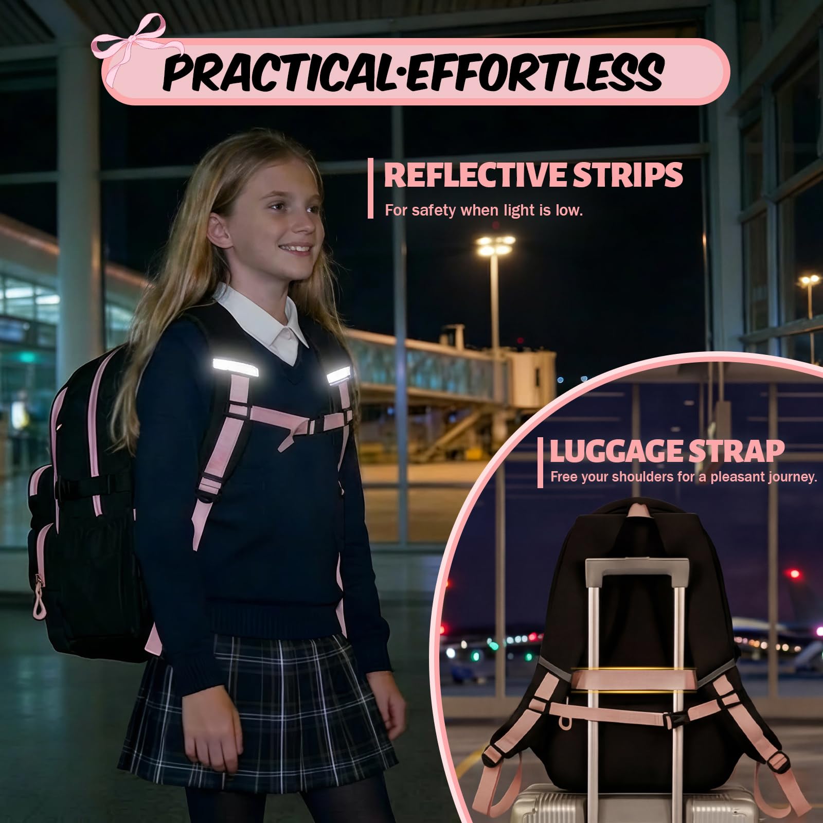 Amythe Schulrucksack für Mädchen 3.-7. Klasse mit Trolley-Gurt, Rosa | Wasserdichter Schultasche für Mädchen 9-16 Jahre mit Reflektoren & Münzbeutel, Leichter Modischer Rucksack für Schule Reise