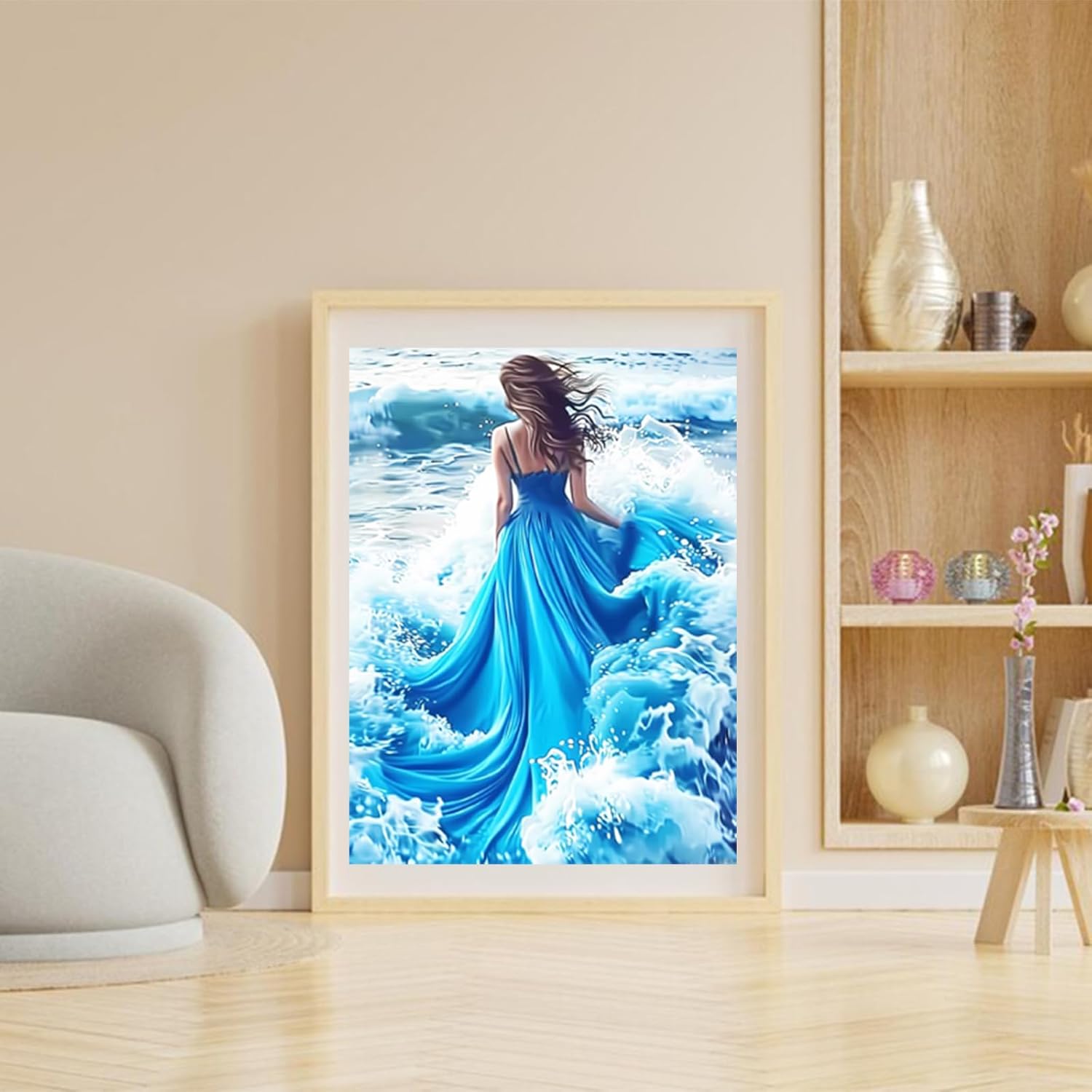 5D Diamond Painting Kits The Woman in the Blue Wedding Dress in the Waves Diamond Art Kits for Adults DIY Round Full Drill Paintings with Diamonds Gem Art for Adults Home Wall Decor 12x16 inch