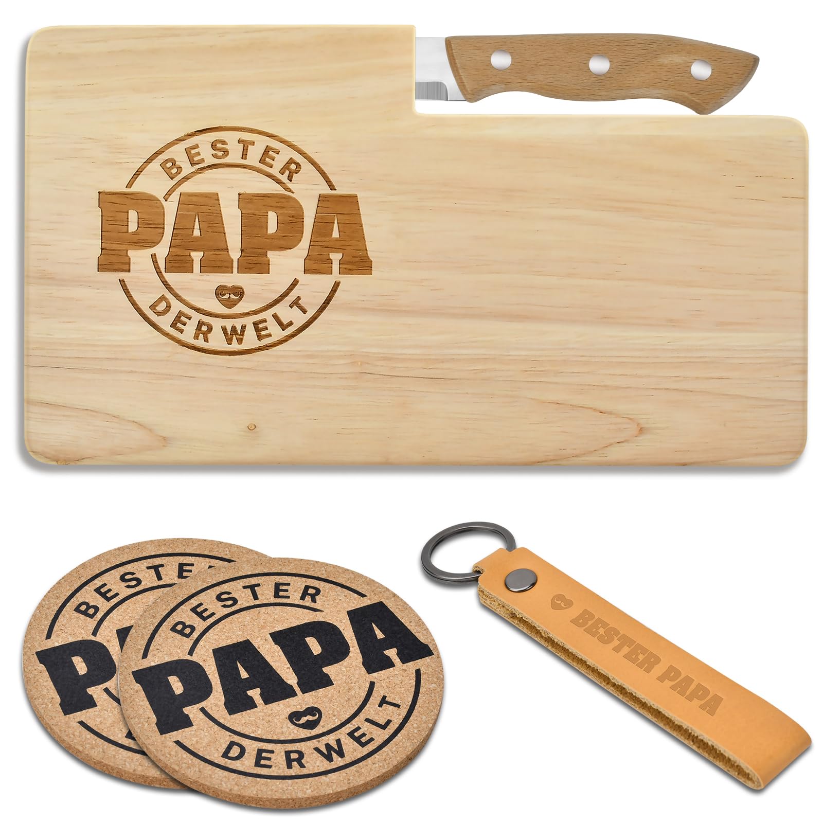 Vatertagsgeschenk für Papa, Geschenkset Frühstücksbrettchen,Geschenk Vatertag für Opa Männer, Papa Geschenk Zum Vatertag Weihnachten Geburtstag(Holzbrett+Schlüsselanhänger+Untersetze)