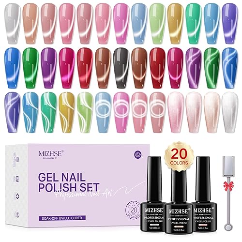 MIZHSE Cat Eye Gel Nail Polish 20 Colors, Ceramic Magnetic Gel Polish Set with Magnet Stick, Trendy Colors Cateye Effect Soak Off Nail Art Salon Home DIY Gift for Women - Cat Eye Gel Polish