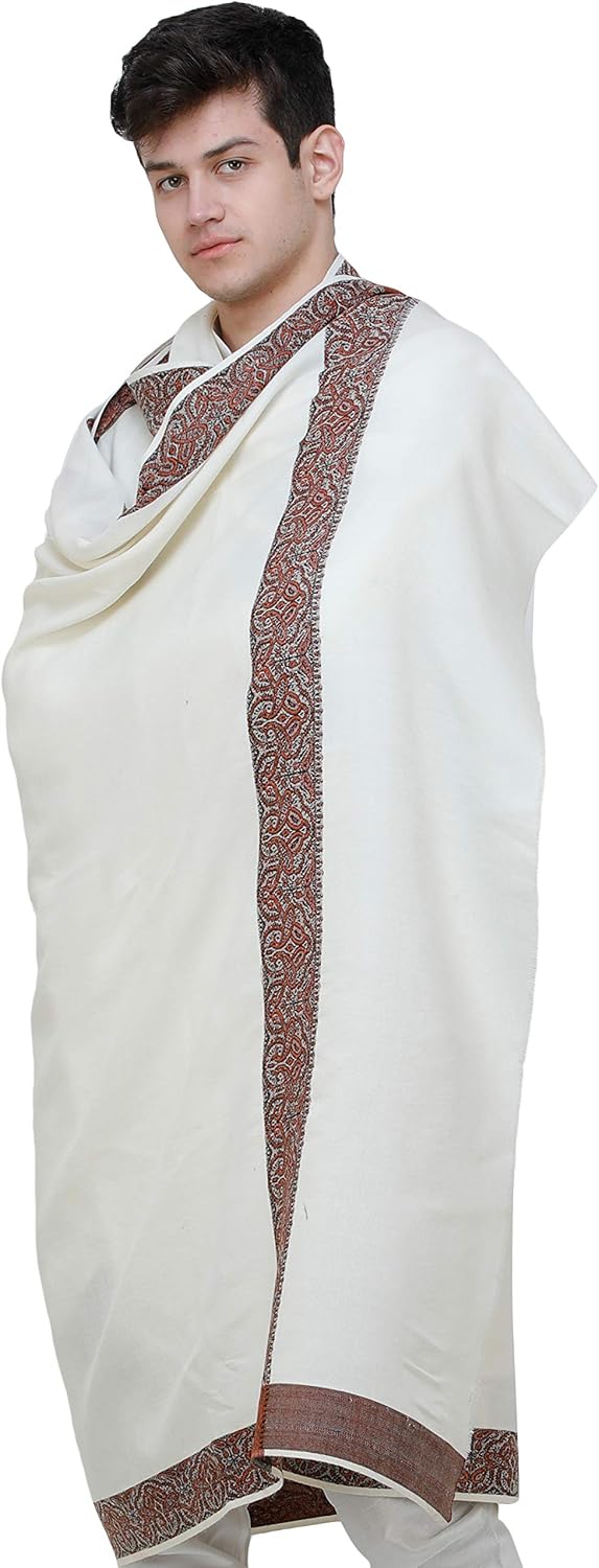 Exotic India Plain Men's Shawl with Brown Woven Border - Pure Wool
