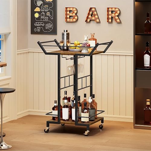 YATINEY Bar Cart, 3-Tier Serving Cart with Wine Glass Rack, Drink Cart with Wheels, Rolling Beverage Cart, for Living Room, Party, Rustic Brown BC10BR
