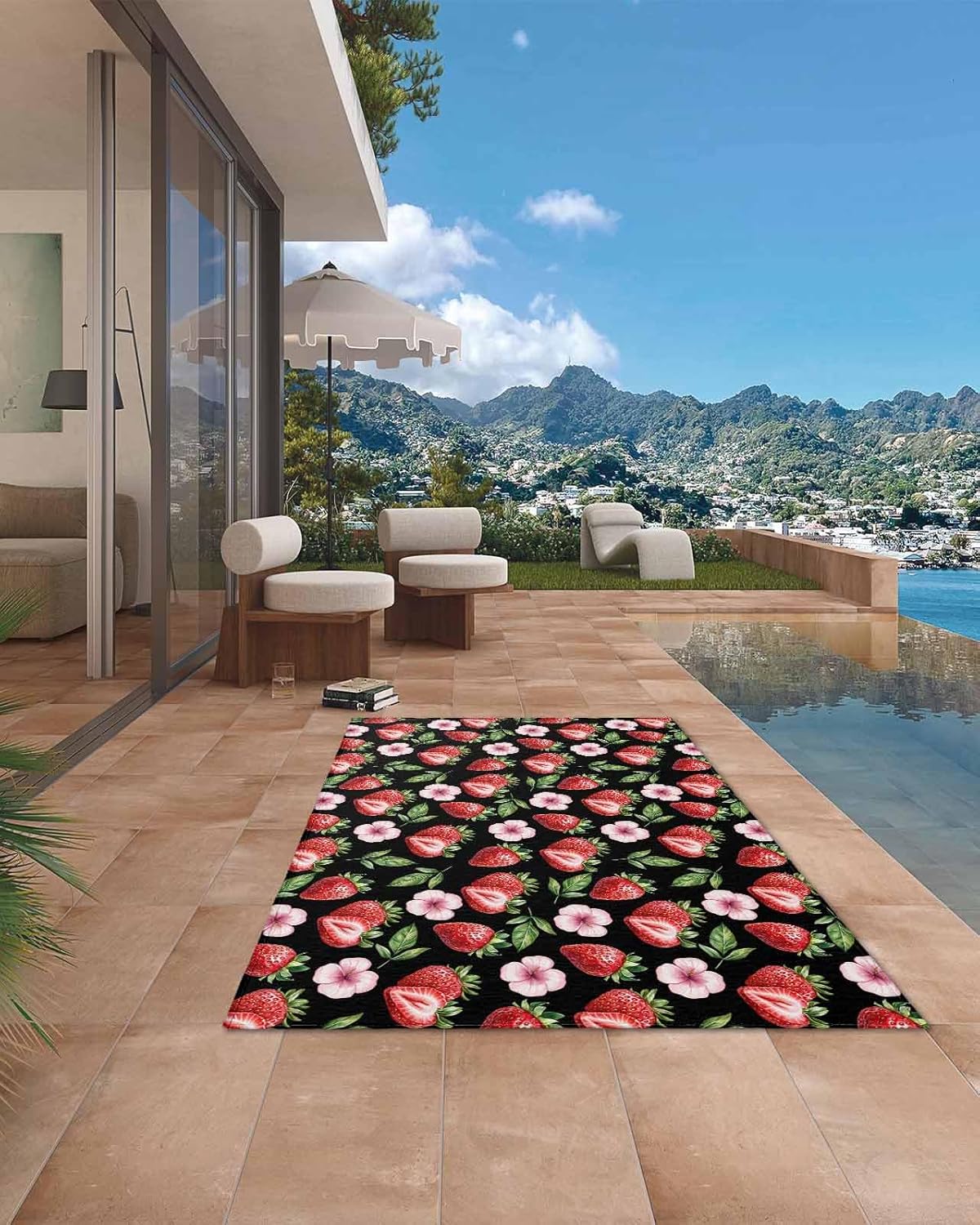 Strawberry Outdoor Rug 4x6ft, Fruit Summer Watercolor Black Background Highly Absorbent Outdoor Area Rug Non-Slip Carpet Mats for Patios, Porches, Hallways and Camping