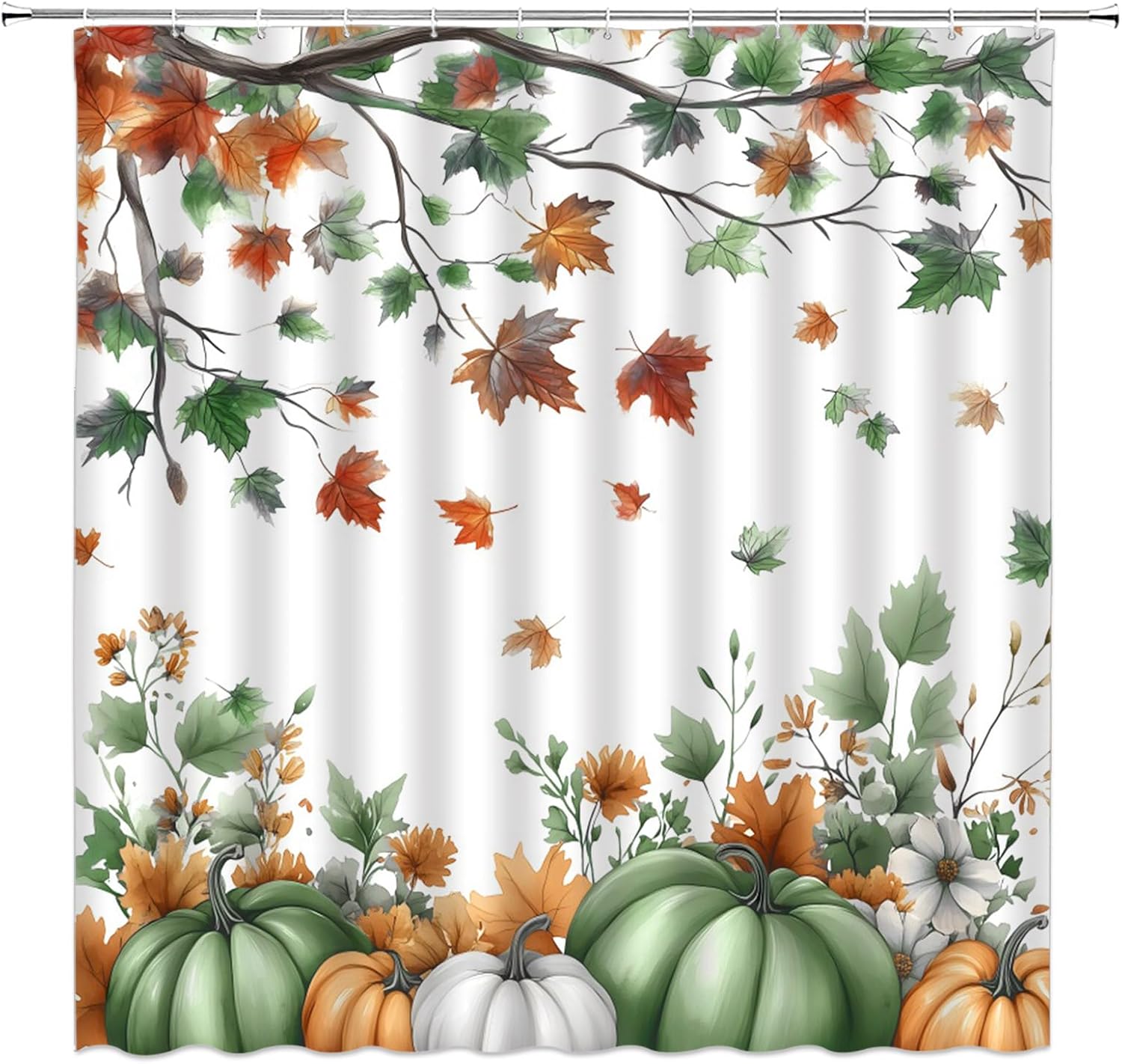 Fall Thanksgiving Shower Curtain Harvest Pumpkins Maple Leaves Watercolor Rustic Bathroom Decor Curtain with Hooks,Blue