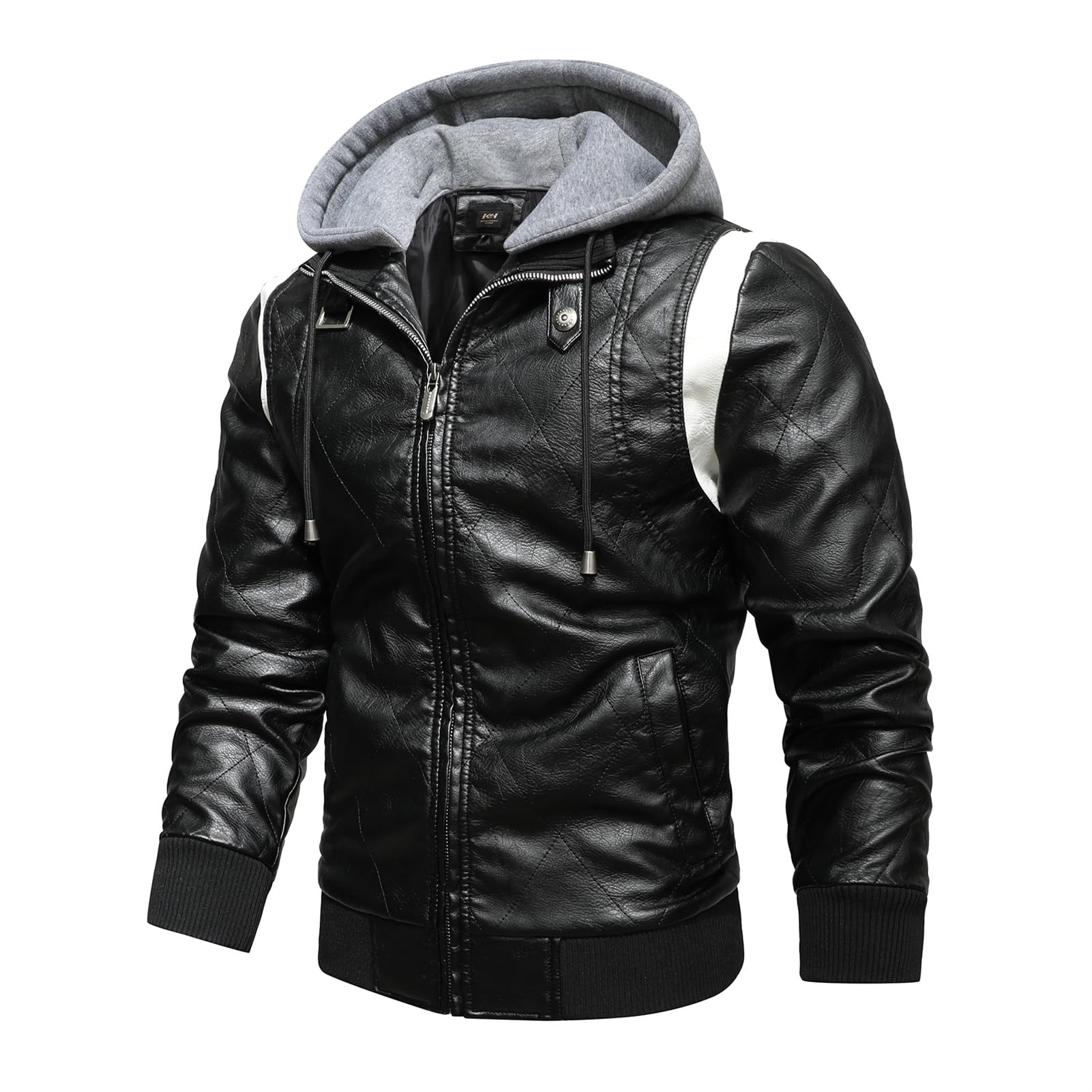 FFFF & OLFEH Giacca In Pelle Con Cappuccio Staccabile Da Motociclista Uomo,Giacca Da Moto Da Uomo In Pelle - Protezione Originale Da Motociclista (Black A2,XL)