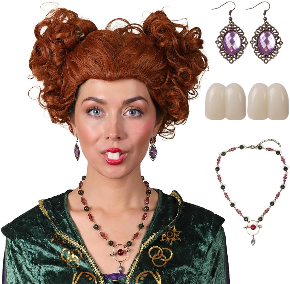 FantaLook Short Heart Styled Reddish Brown Heat Resistant Wig with Teeth Necklace Earrings for Halloween Party