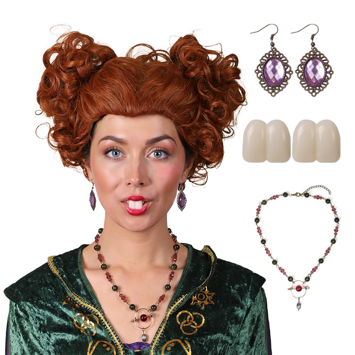 fantalook short heart styled reddish brown heat resistant wig with teeth necklace earrings for halloween party