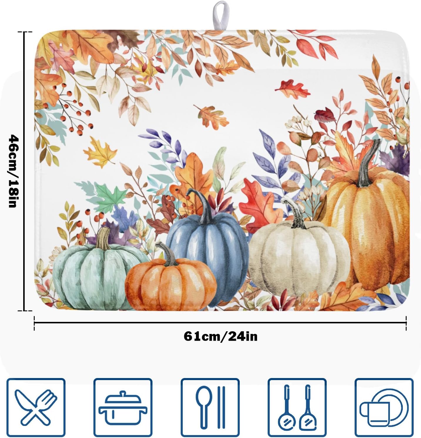 Fall Orange Blue Pumpkin Leaves Dish Drying Mat For Kitchen Counter Autumn Maple Leaf Thanksgiving Harvest Fast Dry Microfiber Absorbent Large Dish Draining Mat Reversible Dishes Pad 18x24 Inch