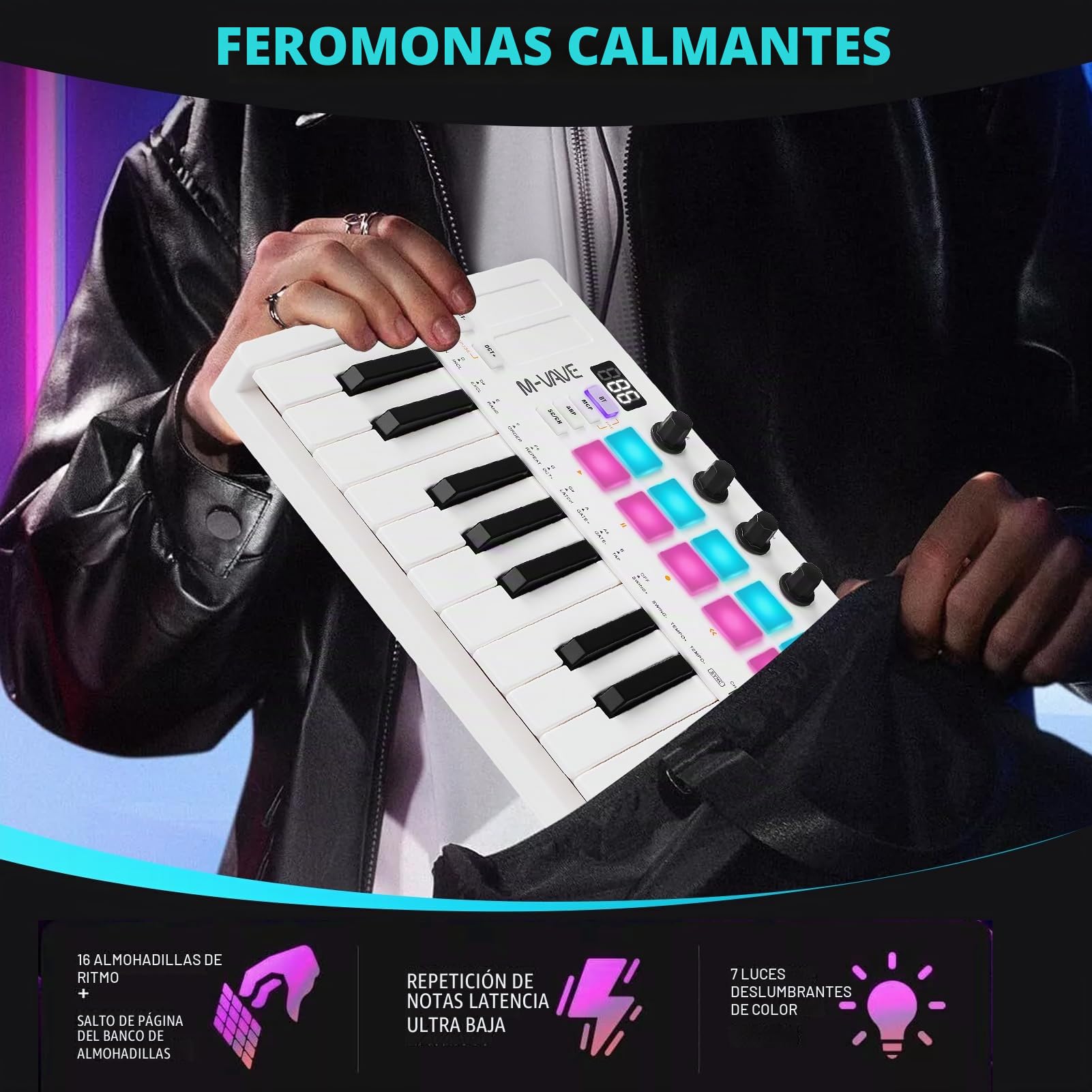 Nikou M-VAVE Upgrade USB Mini Teclado Controlador 25 Teclas, Batería Recargable, Arranger Keyboard Portátil, Almohadillas RGB, Batería Integrada (Blanco)