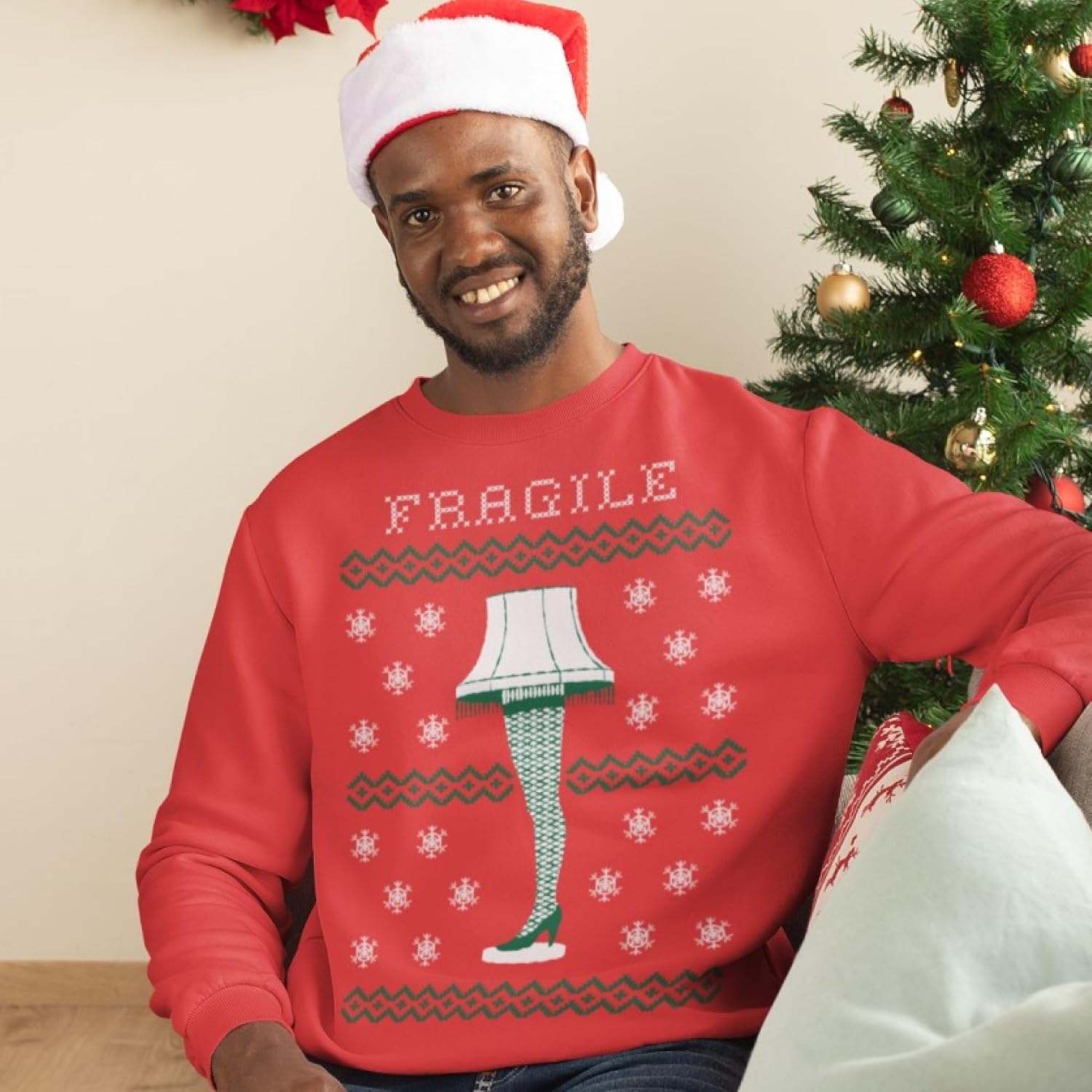 Ripple Junction A Christmas Story Crewneck Sweatshirt Fragile Leg Lamp Holiday Movie Faux Sweater Pattern Officially Licensed