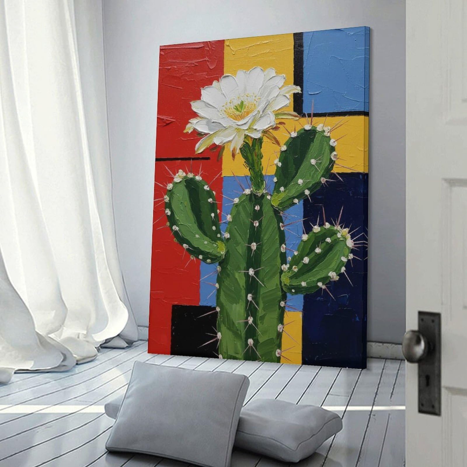 Junmoney Frame-Style-7 Canvas Wall Art Cactus Flower Painting With Geometric Background, 08X12inch(20X30cm), For Lounge, Study, Hallway Or Flat Walls, Canvas Wall Art That Fits Changing Layouts
