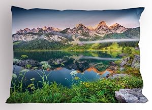 Ambesonne Nature Pillow Sham, Misty Summer Morning on Austrian Alps Mountain Range with Lake Landscape Print, Decorative Standard Size Printed Pillowcase, 30" X 20", Green and Blue