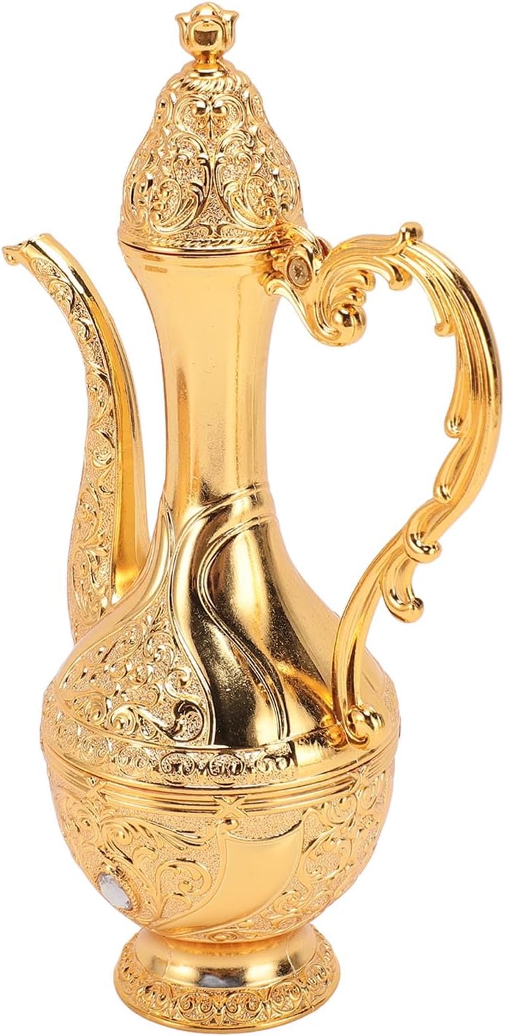 Generic Vintage Zinc Alloy Wine Pot Set European Retro Coffee Pot Tray Kit Exquisite Carving Cups for Home Party Dinner Gift (Gold)