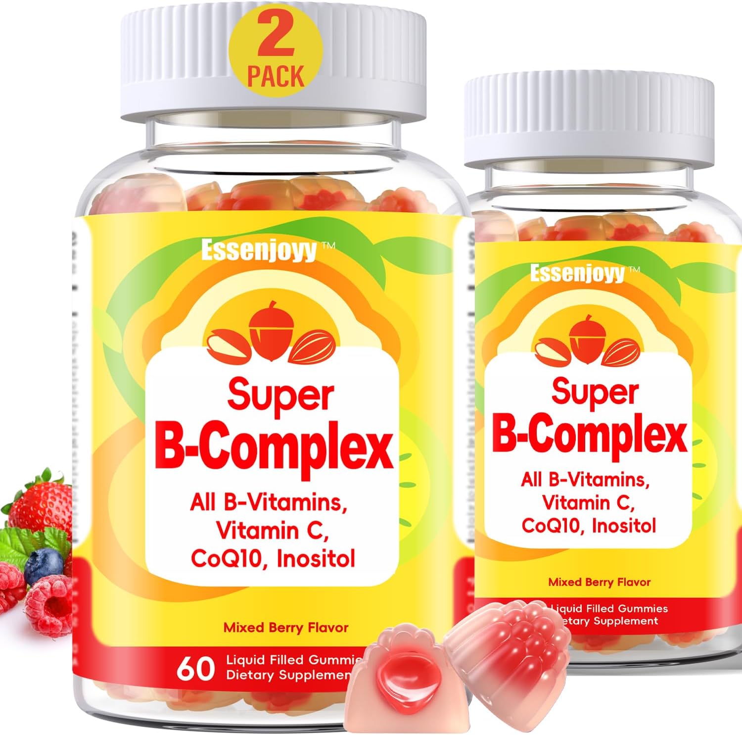 Liquid-Filled B Complex Gummies for Daily Routine, Juicy Berry Flavor, Complete B Vitamins with Vitamin C, CoQ10 & Inositol, Easy to Enjoy, 60 Gummies x 2 (120 Total)