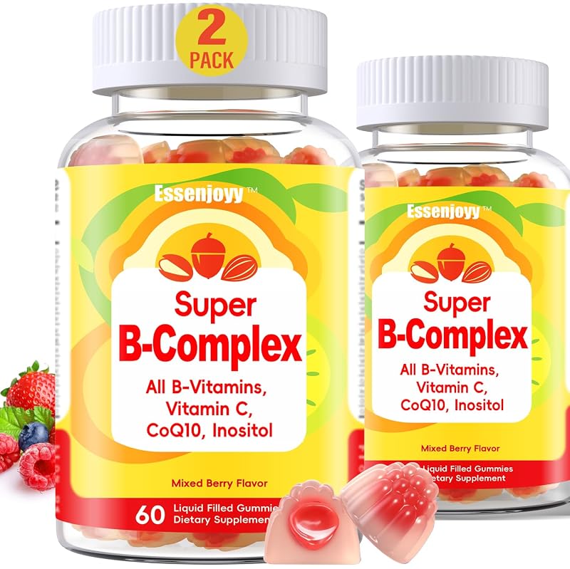 ESSENJOYY Suplemento de Complexo B com Vitaminas B1, B2, B3, B5, B6, B7, B9, B12, Vitamina C, CoQ10 e Inositol, 120 gomas