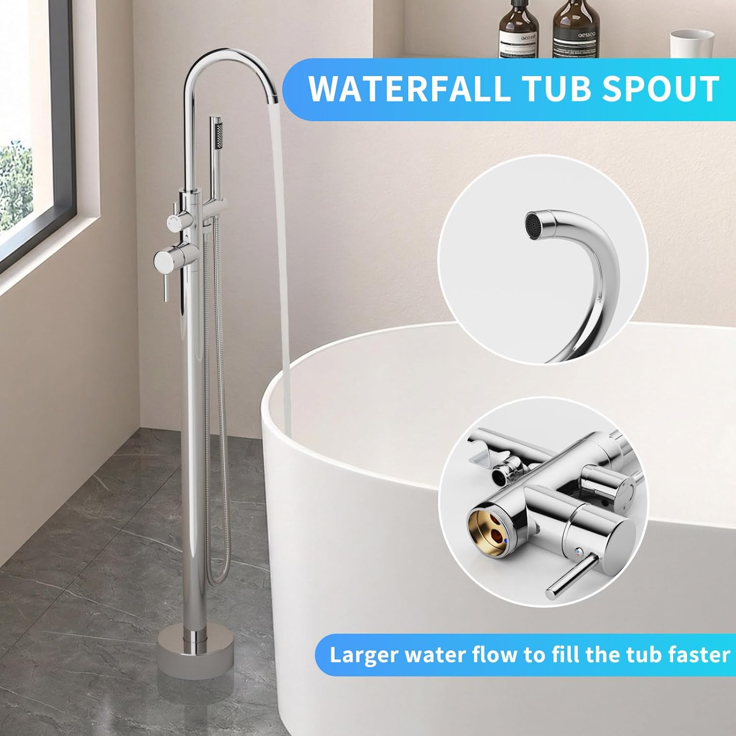 Freestanding Tub Filler Polished Chrome Floor Mount Bathtub Faucet Bathroom,Rough-in Valve 2 Function Handshower for Tub Rinsing Bathing,Anti-Wobble Base,Cylinder Handheld