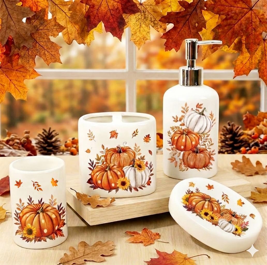 FYSUIMU 4Pcs Fall Thanksgiving Bathroom Accessories, Pumpkin Leaves