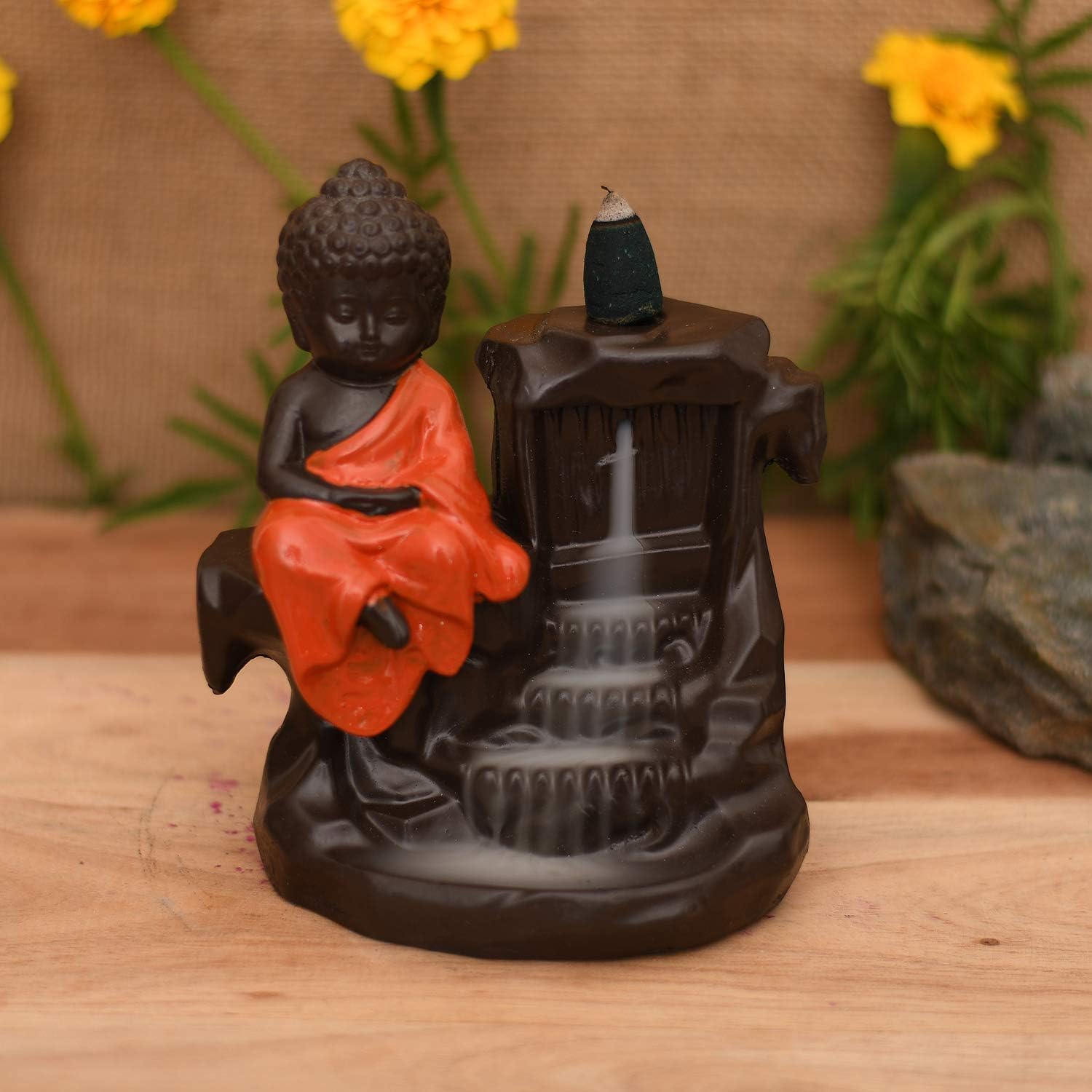CRAFTAM Polyresin Meditating Monk Big Size Buddha Incense Holder with 10 Free Smoke Backflow Scented Cone Incenses (Orange)