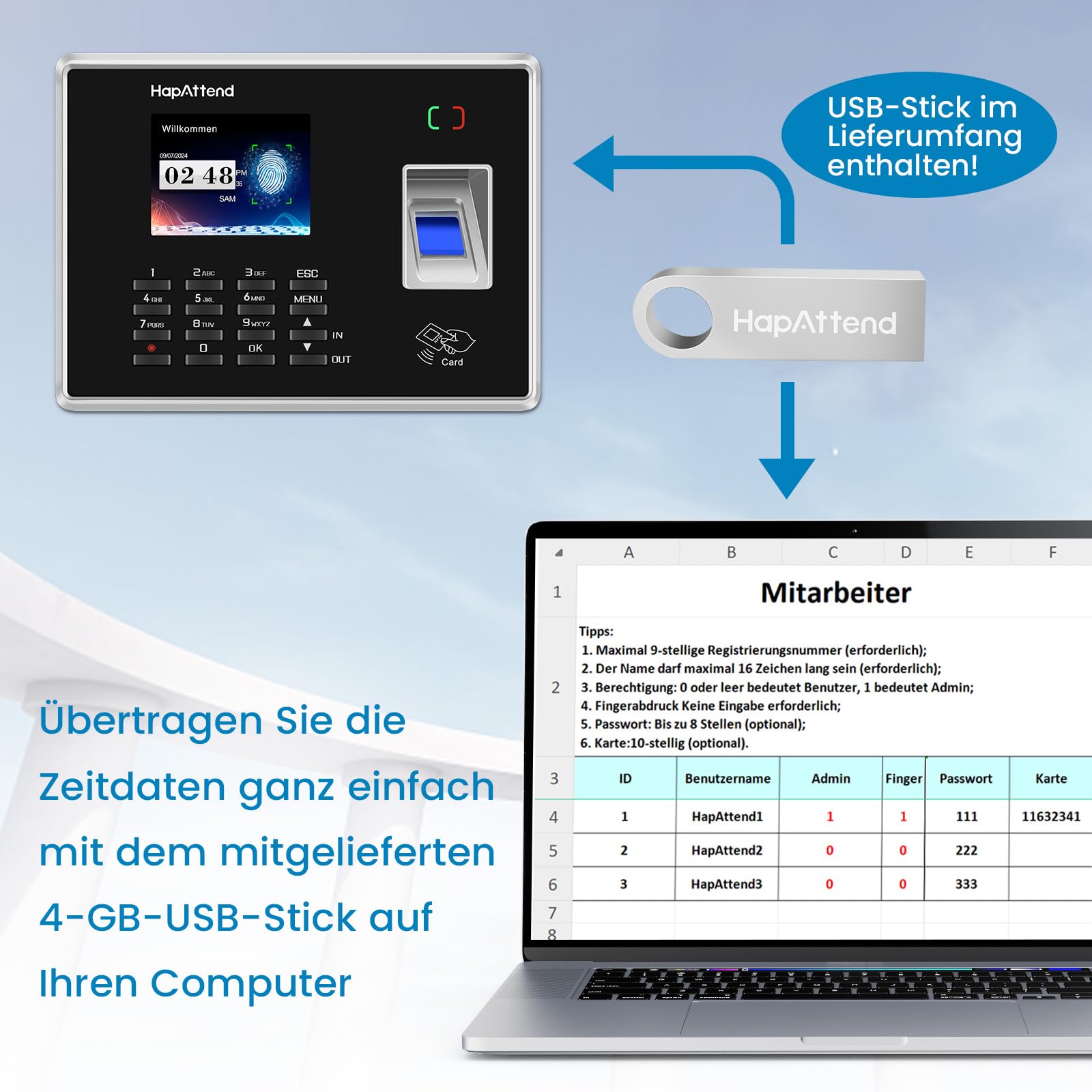 Zeiterfassung für Kleinbetriebe, Deutsche Ausgabe Stempeluhr Zeiterfassung mit Chip, arbeitszeiterfassung für Kleinbetriebe Mitarbeiter mit Fingerabdruck, RFID und PIN, 0 monatliche Gebühren