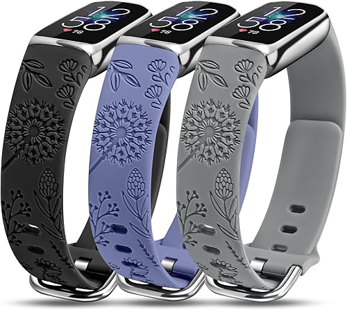 Miniatura 13 de Minyee Paquete de 3 correas compatibles con Fitbit Luxe para mujer, de silicona suave, con grabado floral, correa deportiva de diente de león,