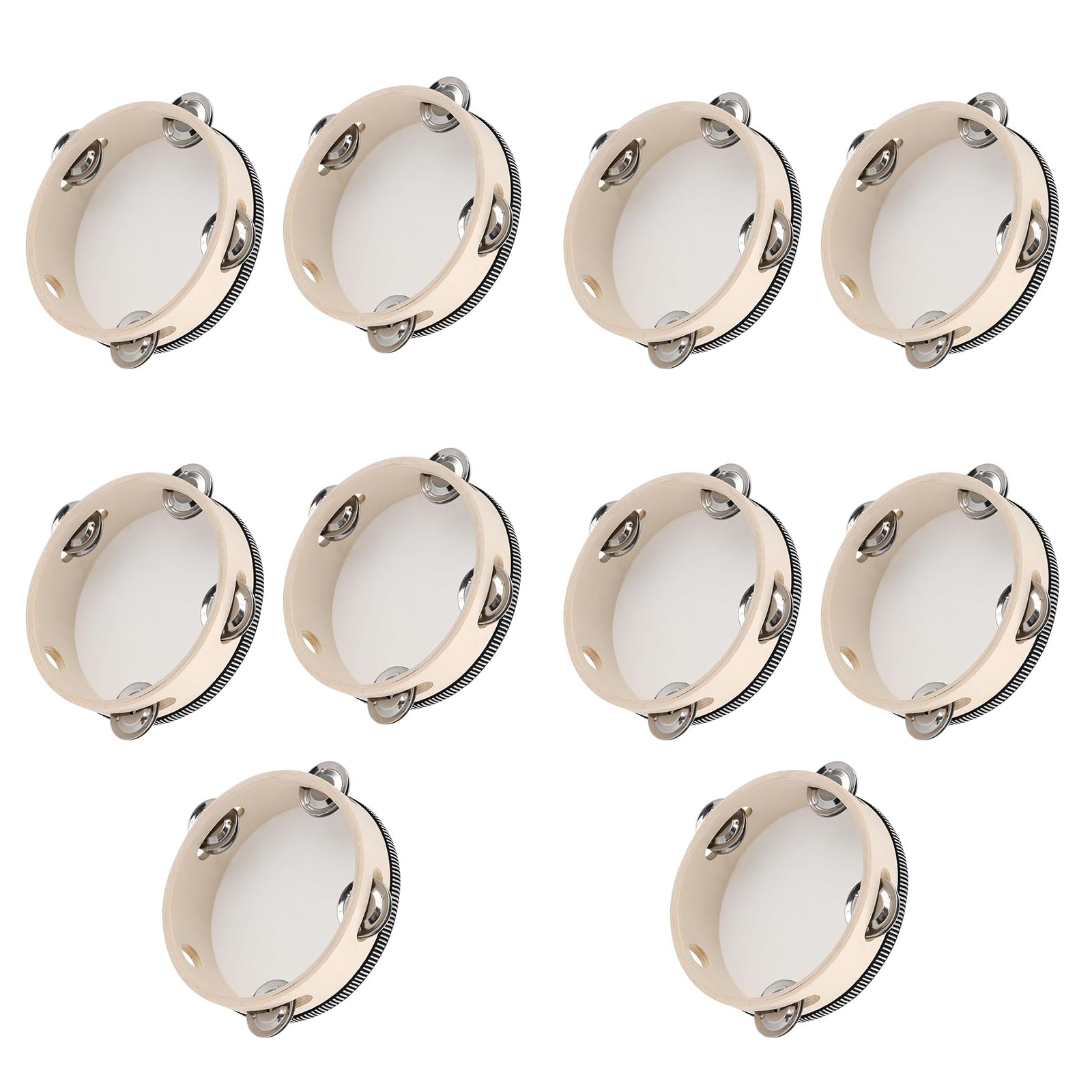 Lot de 10 tambourins ronds en bois de 15,2 cm avec grelots - Instrument de percussion portable pour enfants, église, karaoké et éducation musicale