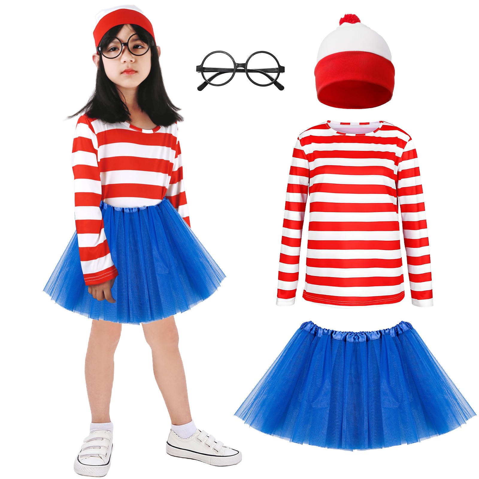 Kitimi Kids World Book Day Costume Long-Sleeved Red and White Striped T-Shir, White & Red Hat+TUTU Dress, Wally Costume Cosplay Set, Girls World Book Day Carnival Fancy Dress Outfit