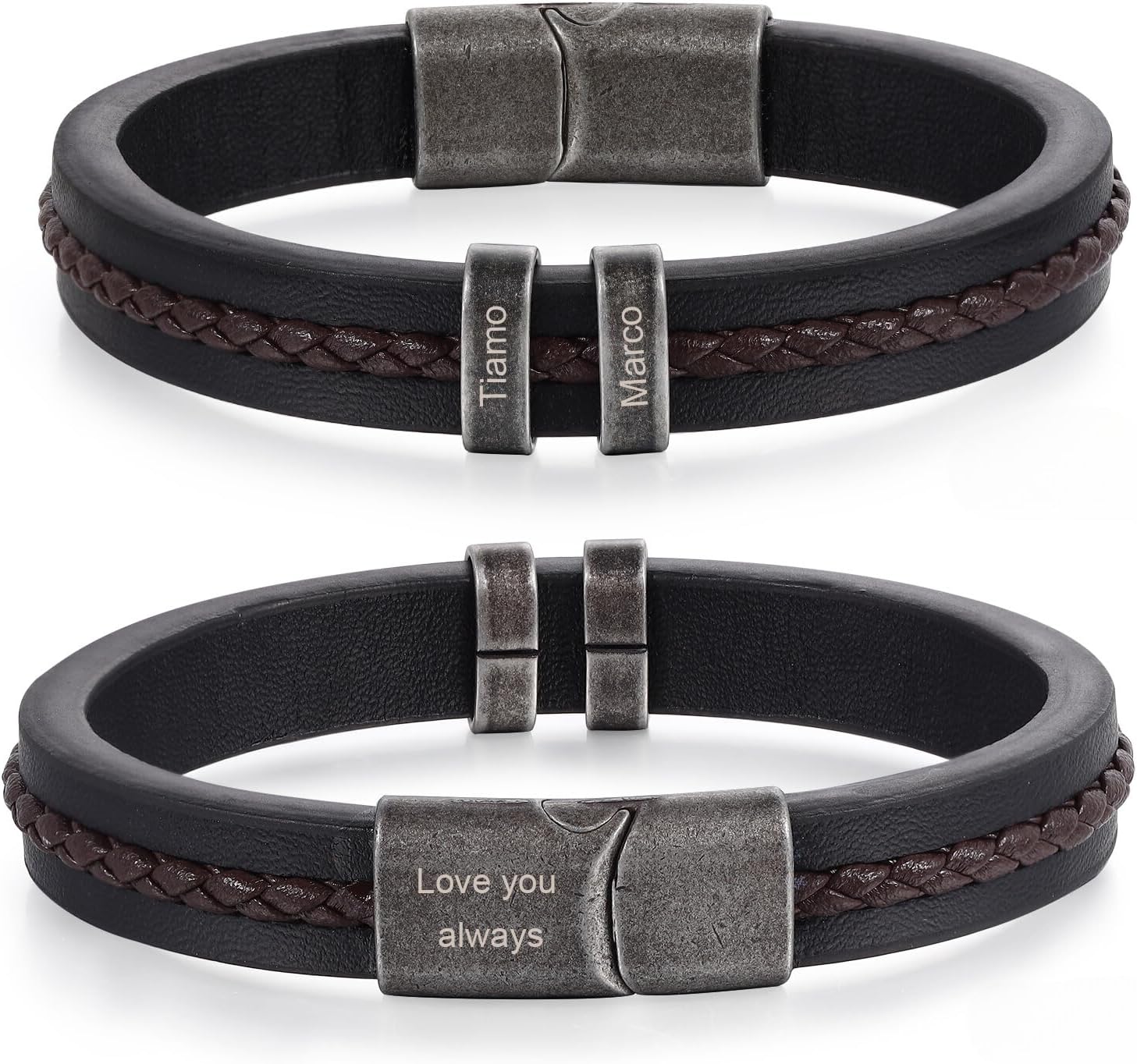 kaululu Gifts for Dad Father's Day Personalized Braided Leather Bracelet with Name Beads Custom Initial Bangle for Men Husband Grandpa