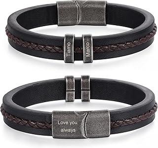 Jeweidea Personalized Leather Bracelet with Name Beads, Custom Braided Bangle Father's Day Engraved Jewelry Gifts for Men Dad Him Husband