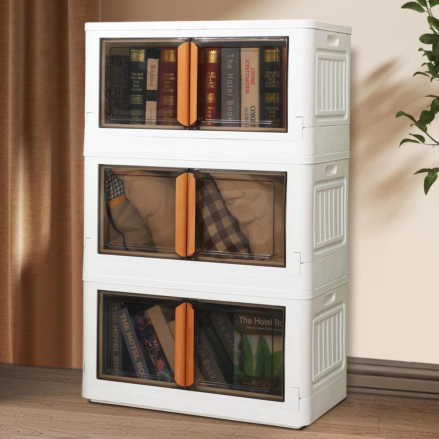 wookon Collapsible Storage Bins- 3 Packs Stackable Storage Bins,Large Storage Bins with Lids Plastic Storage Bins for Closet Organizer,Folding Storage Box,Dual Open Bathroom Organizer