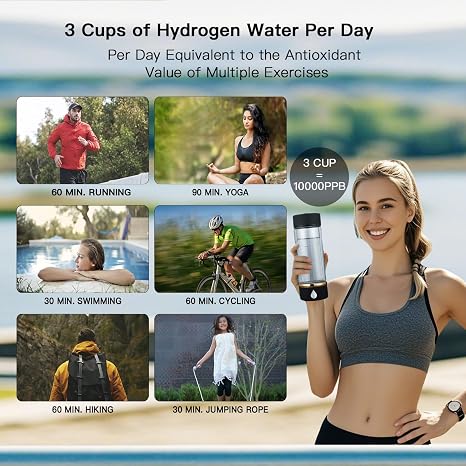 Hydrogen Water Bottle with SPE/PEM Tech - Portable Molecular H2 Water Generator for High-Concentration Alkaline Water - USB-C Rechargeable, 14oz Glass Cup for Home, Office, Gym, Travel