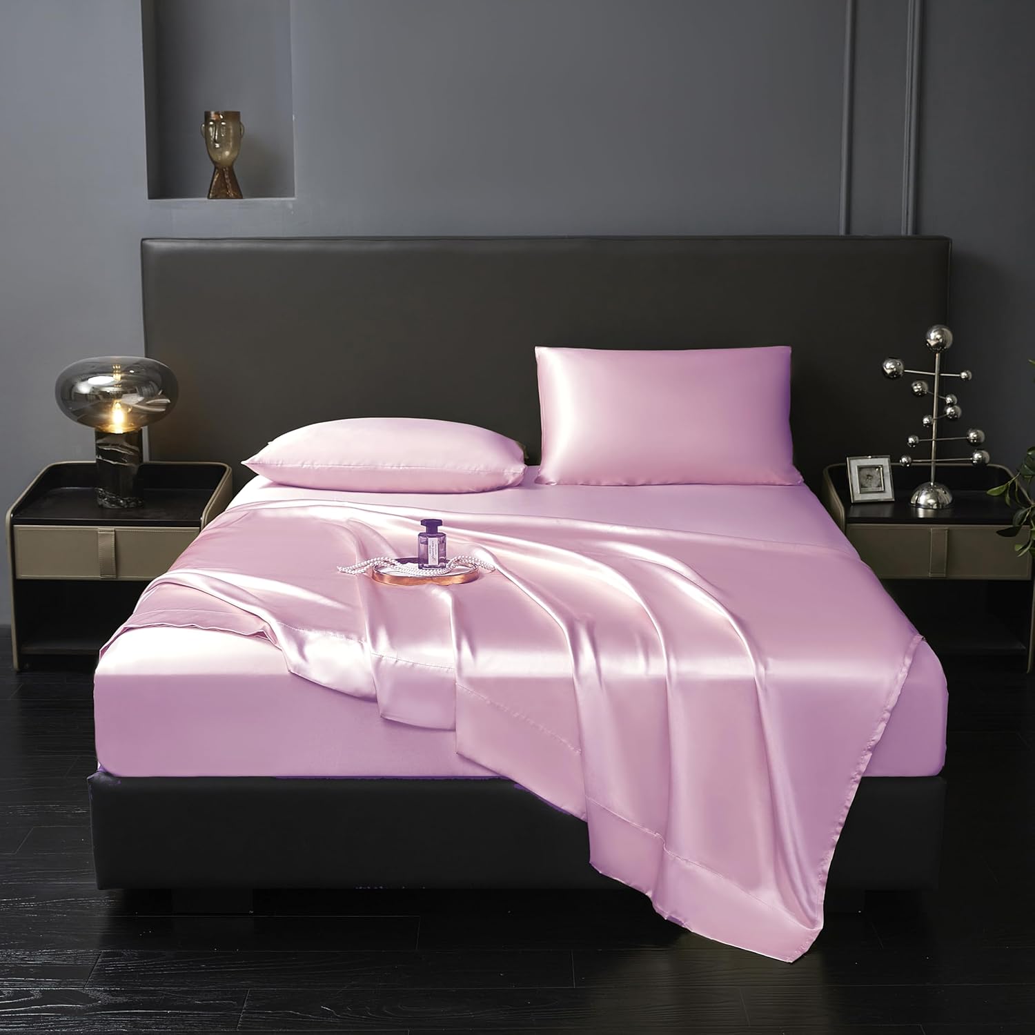Revdomfly 4 Pcs Queen Size Luxury Silky Soft Pink Satin