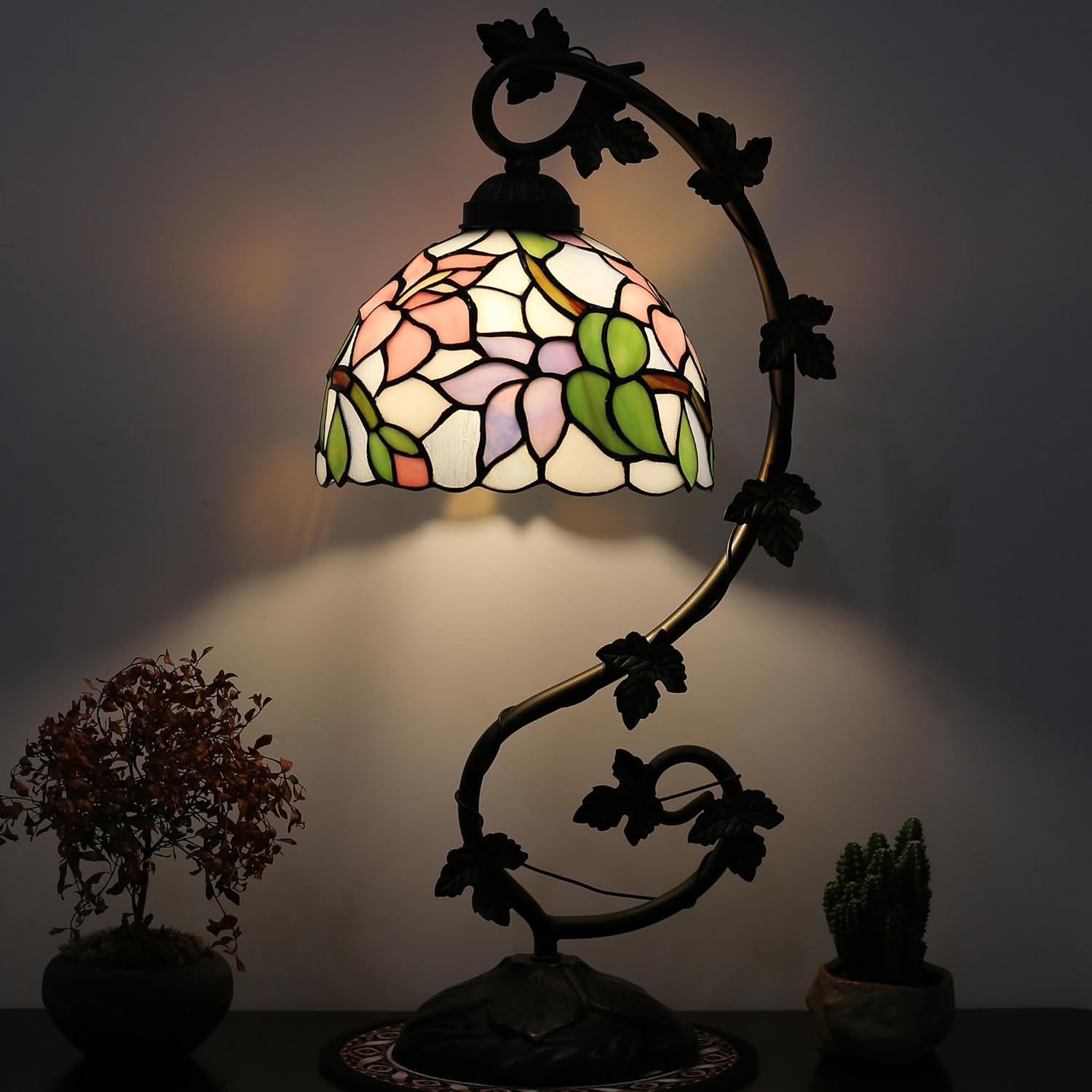 Tiffany Lamp Stained Glass Style Table Lamp 8 x 10 x 21” Pink Floral Bedside Reading Light with Arched Metal Leaf Base for Desk Bedroom Living Room Study