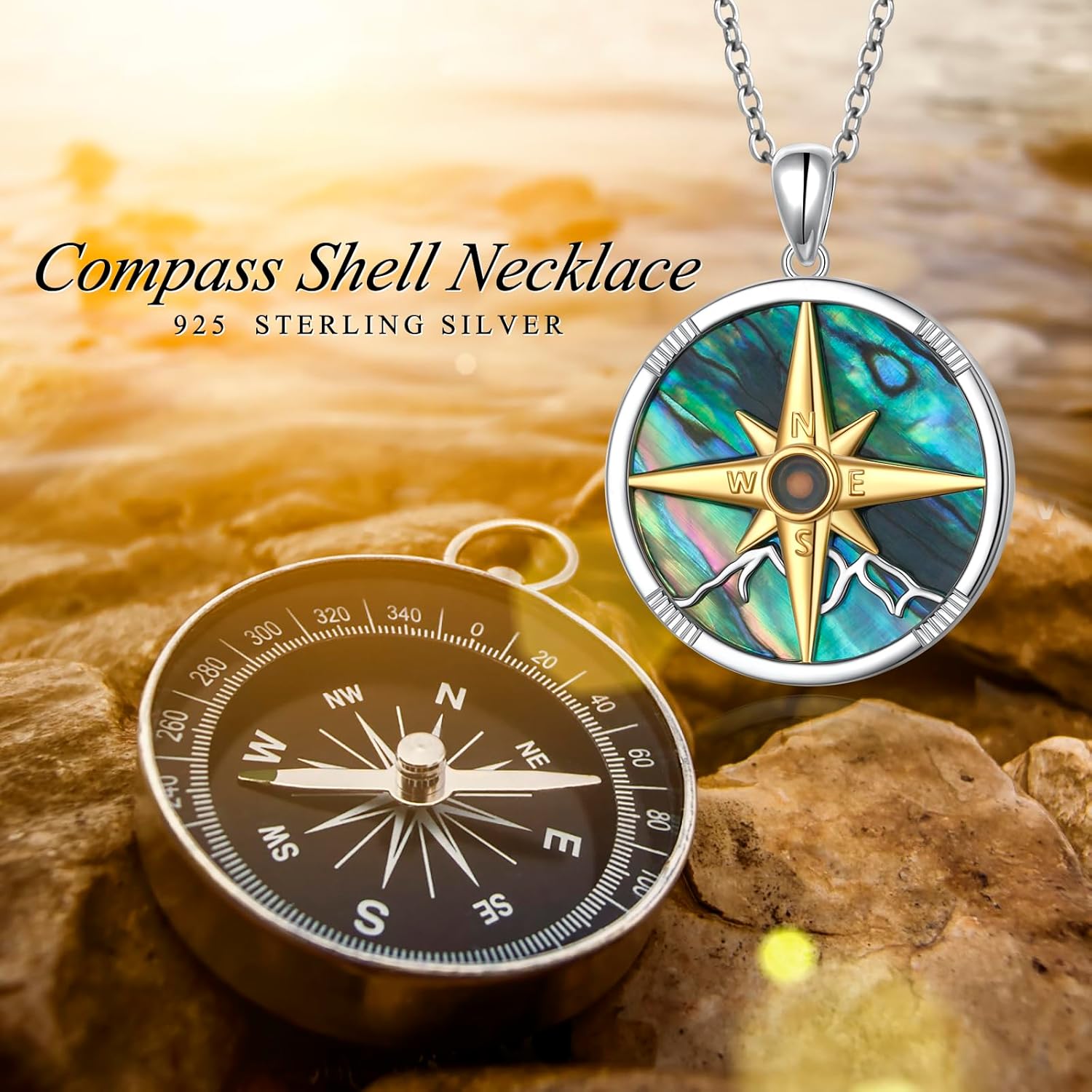 FLYOW 925 Sterling Silver Abalone Shell Pendant Compass/Anchor/Mountain/Astronaut Necklace Graduation Birthday Anniversary Christmas Jewelry for Women Men - Image 6