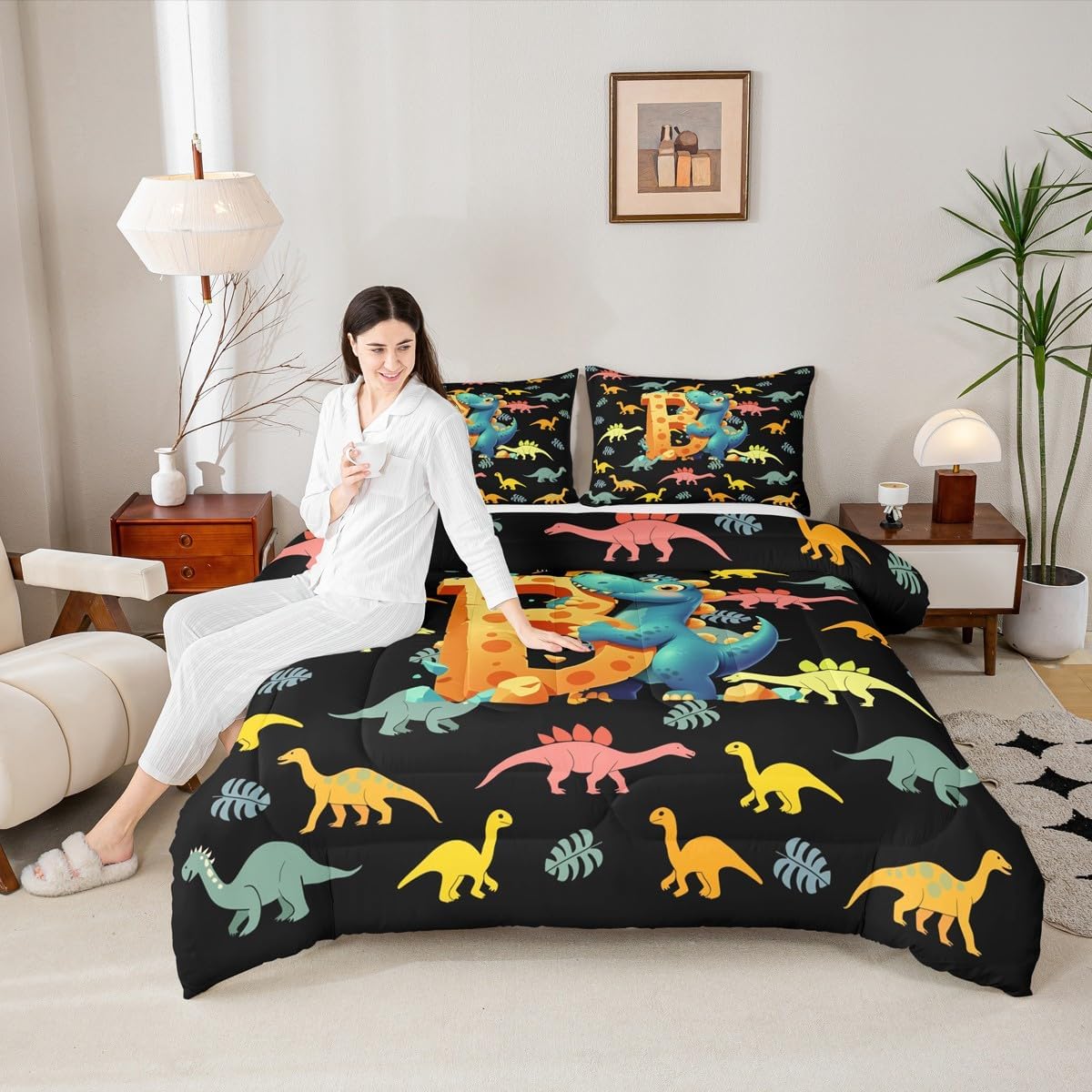 Feelyou Kids Cute Cartoon Dinosaur Comforter Set Full Size Personalized Initial B Bedding Set for Boys Girls Kawaii Jungle Dino Funny Alphabet Pattern Duvet Quilt Room Decor