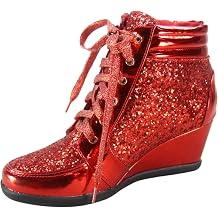 Forever Link Womens Fashion Glitter High Top Lace Up Wedge Sneaker Shoes