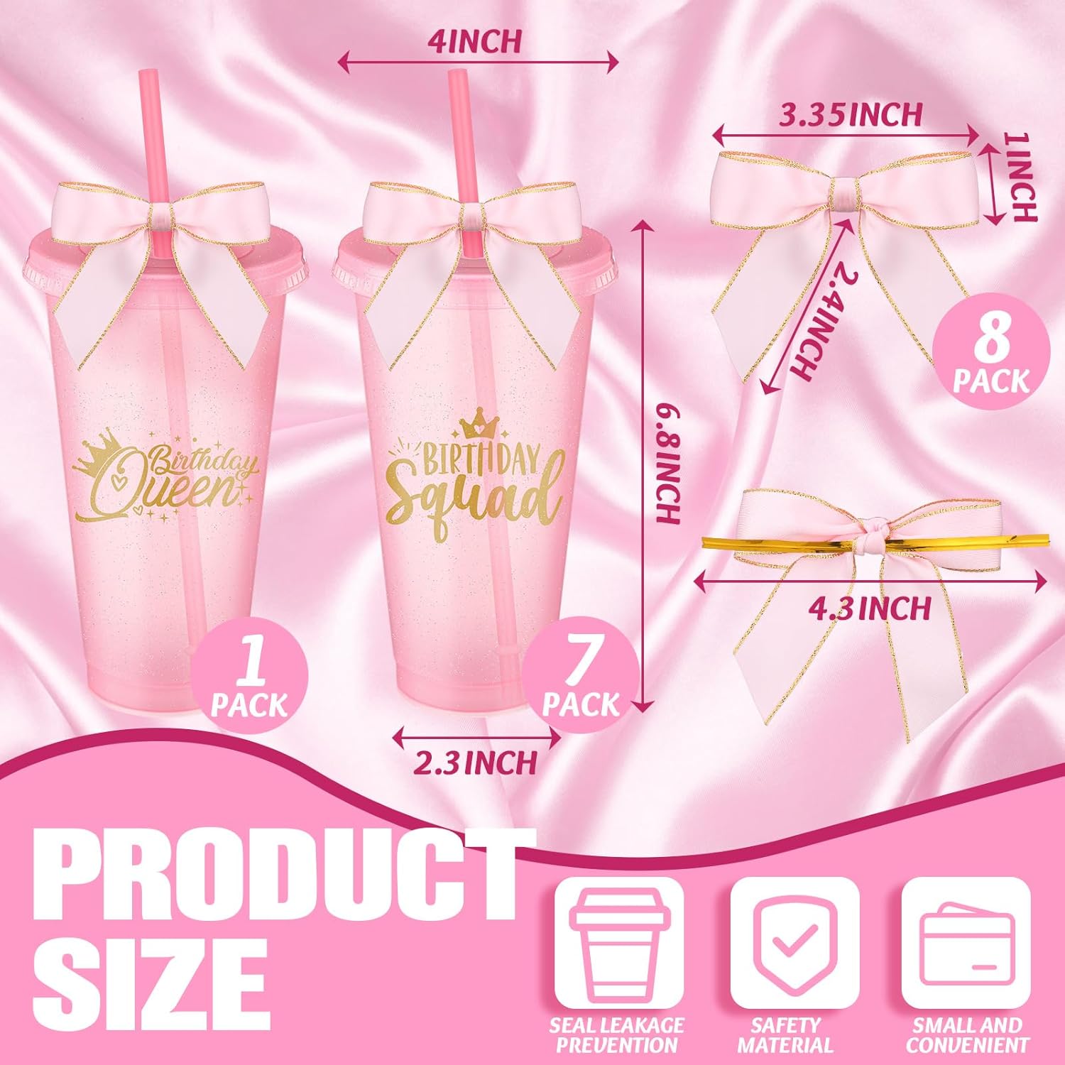Jingmore 8 Set Birthday Party Glitter Tumblers 24 oz Birthday Squad Birthday Queen Plastic Tumblers with Lid Straw and Twist Bow for Birthday Decorations Party Favor for Women(Pink)