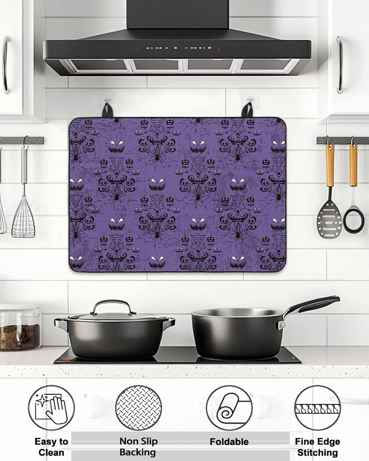Halloween Stove Top Cover Ghost Grimace Pumpkin Stove Cover for Electric Stove Top Horror Night Purple Black Glass Cooktop Covers Anti-Slip Mat Heat Resistant Countertop Protector28.5"x20.5"